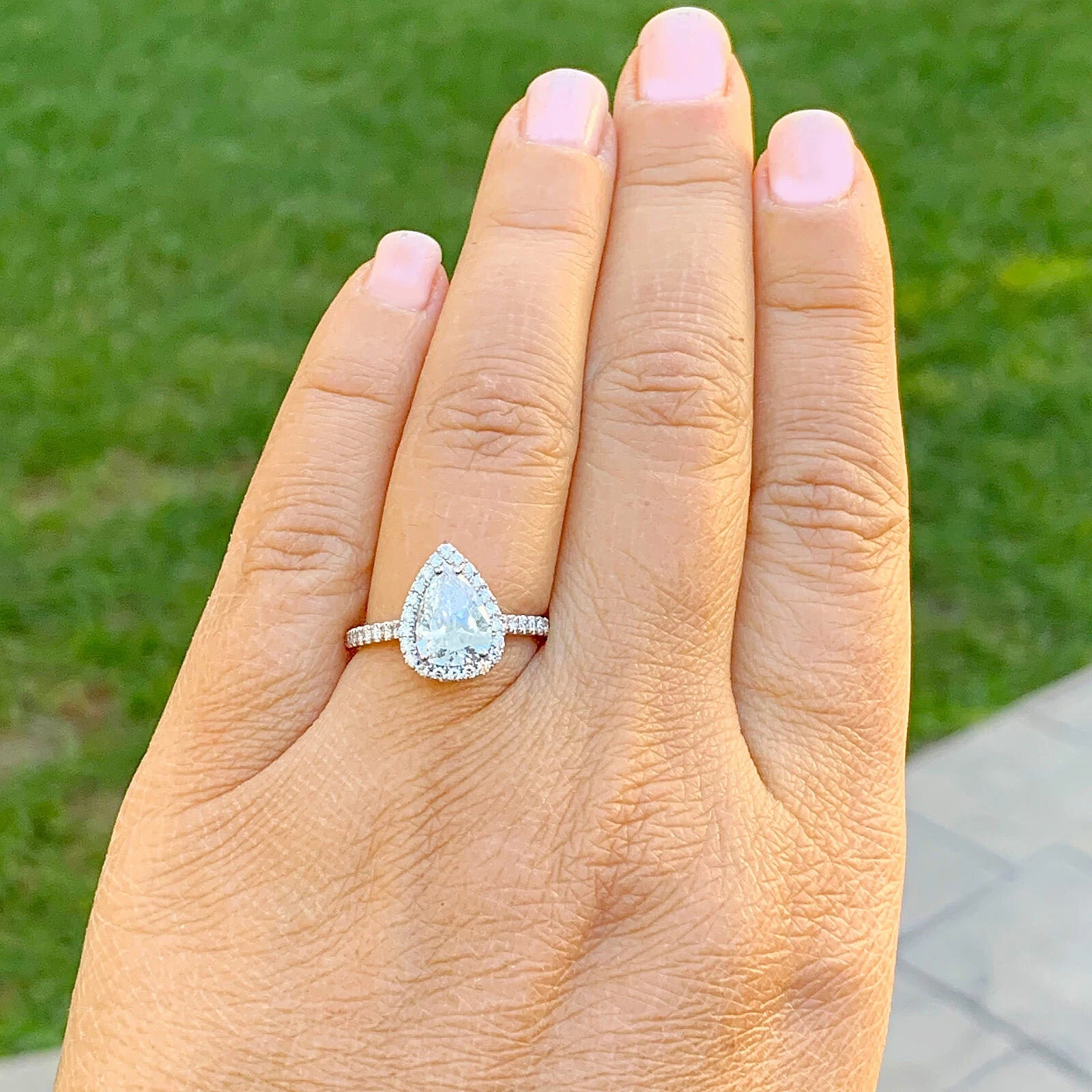 Certified Natural 2ct F/VS1 Pear White Diamond Solid 14K White Gold Wedding Ring