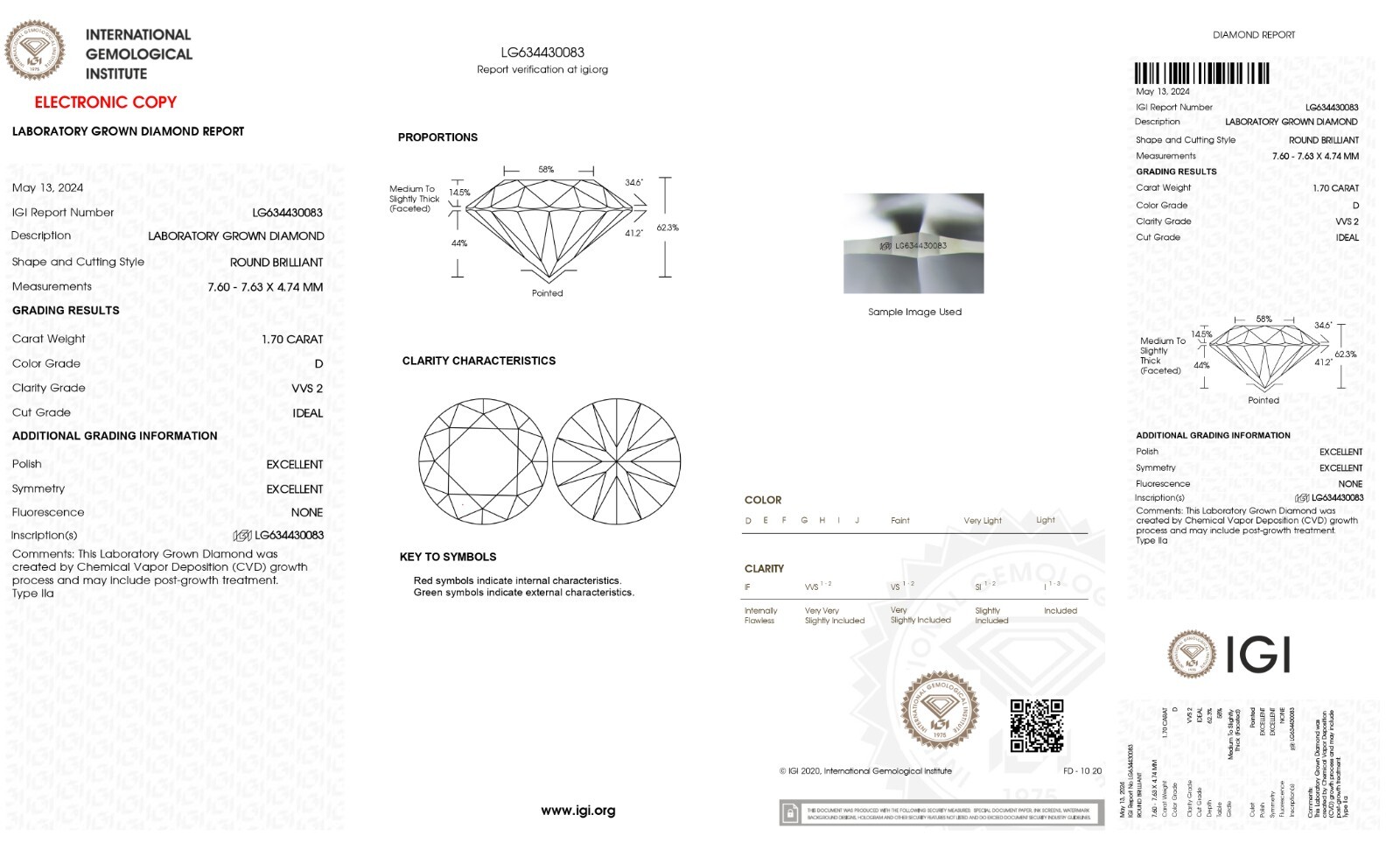 IGI CERTIFIED 1.70 CARAT Round Cut CVD LAB GROWN D Color VVS2 Clarity Diamond