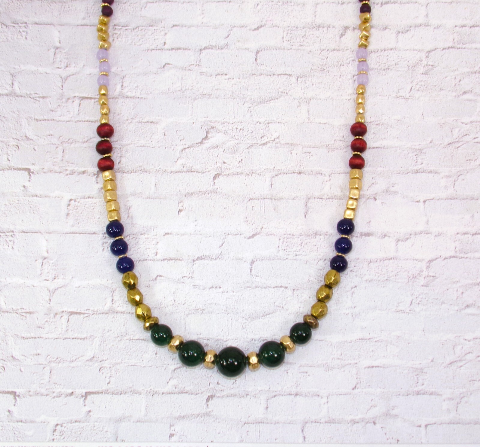 Multi color bead necklace with green, blue brown, gold glass and wood beads New
