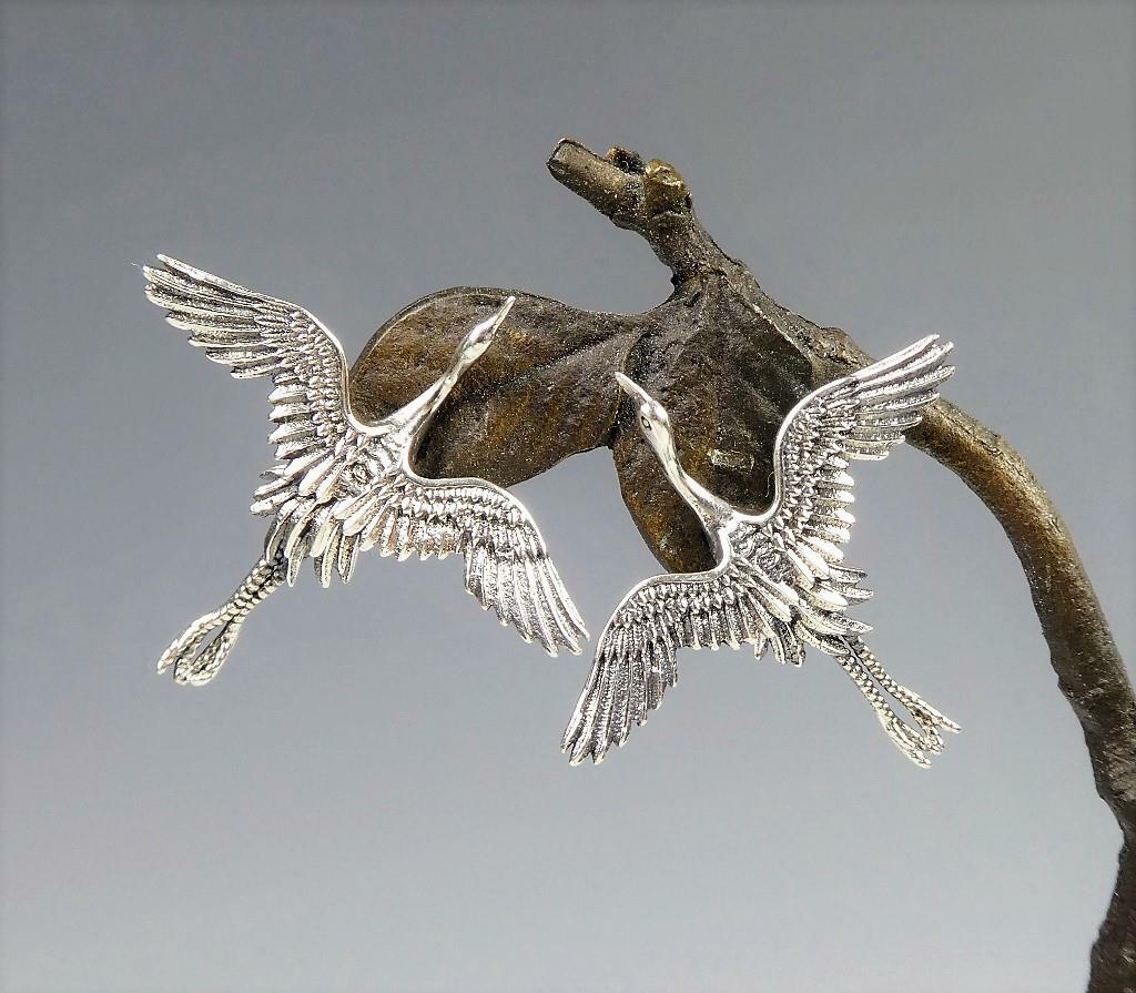 Unique Sterling Silver Flying Egret Stork Bird Stud Post Earrings Fine Details