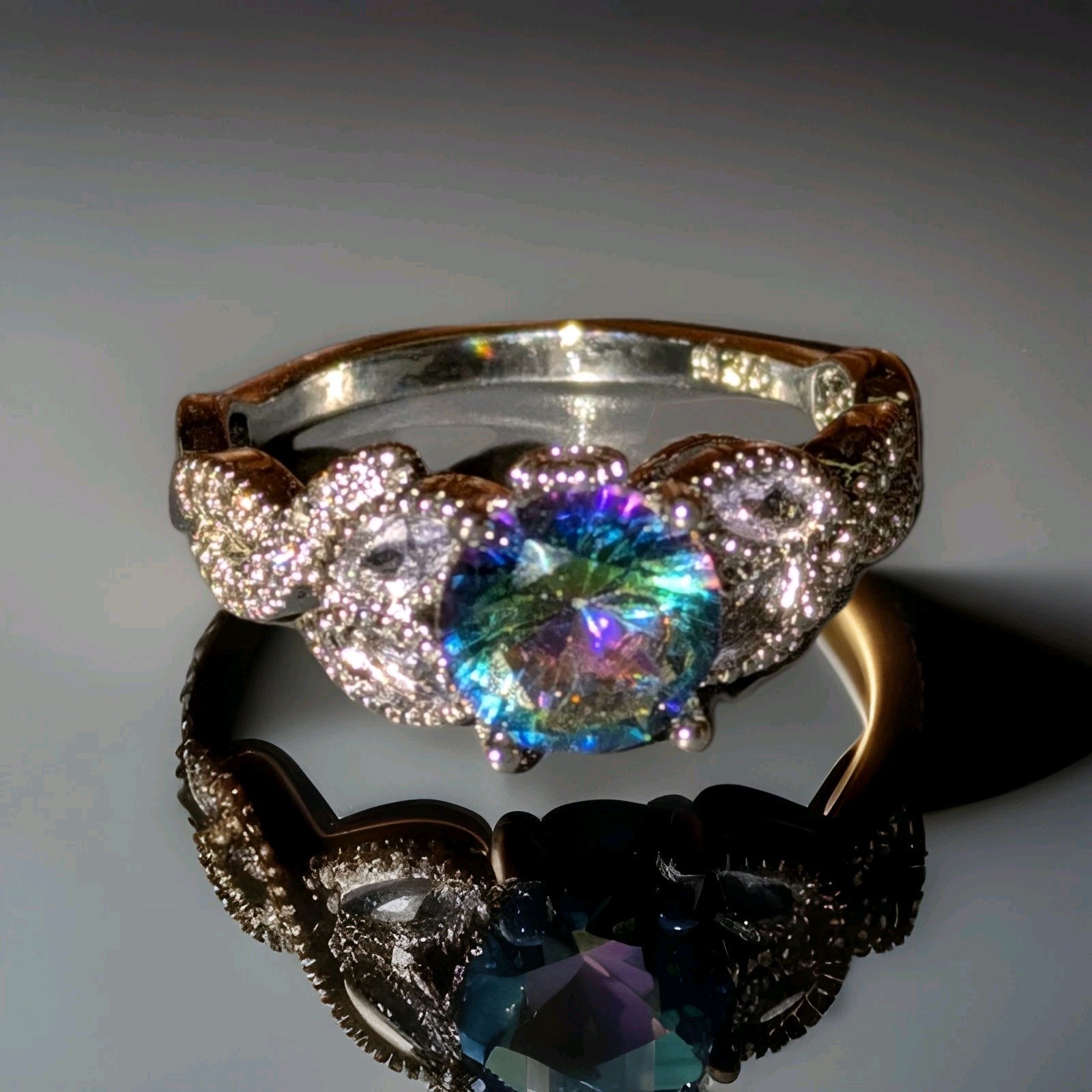 925 Stamped Sterling Silver Plated And Rainbow Zirconia Dinner Ring, Size 9