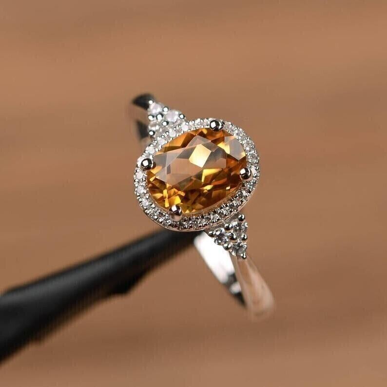2 Ct Oval Cut Simulated Citrine Engagement Halo Ring 14k White Gold Plated