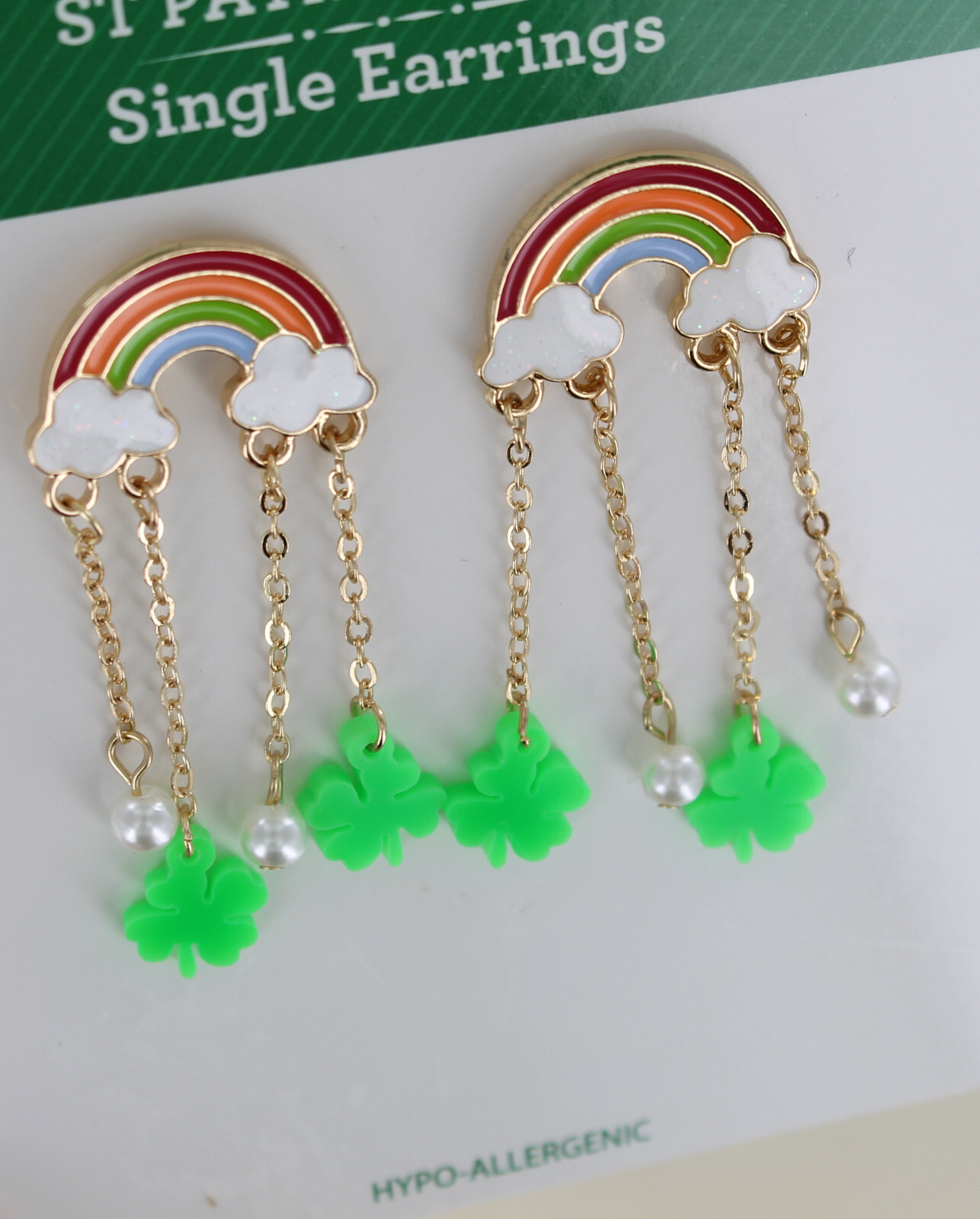 New Way To Celebrate! St. Patrick’s Day Earrings – Rainbow w/ Shamrocks & Pearls