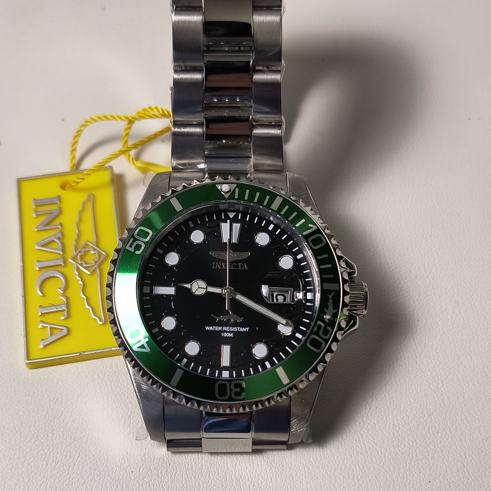 Invicta Pro Diver Quartz 100m Black Dial Green Bezel Date SS Bracelet Box