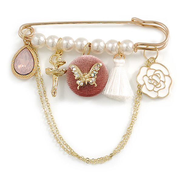 Vintage Inspired Gold Plated Safety Pin Brooch With Pearl Beads, Chains and