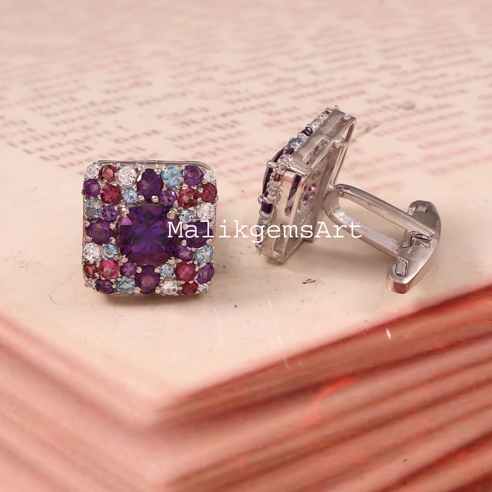Natural Amethyst Blue topaz Multi Gemstone with 925 Sterling Silver Cufflinks #5