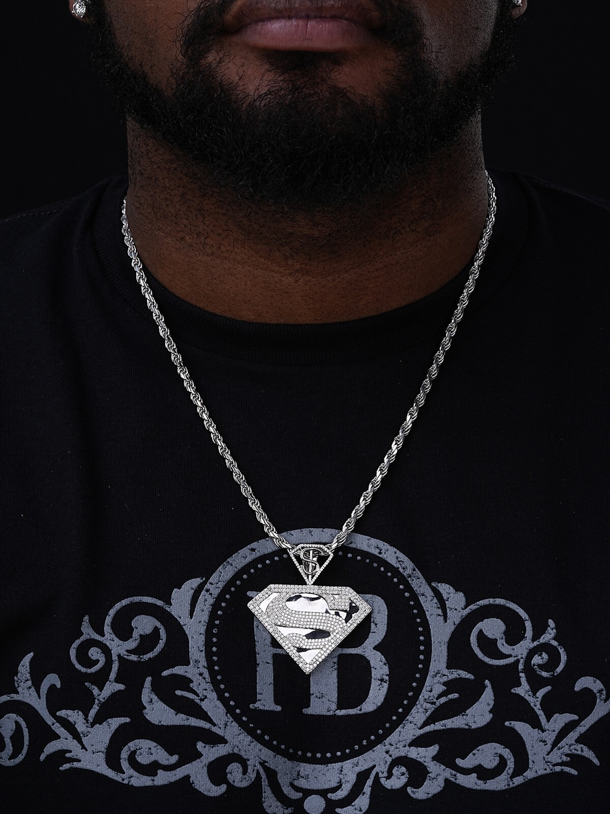 MOISSANITE Real 925 Silver/Gold Plated Iced SUPERMAN Superhero Pendant Necklace