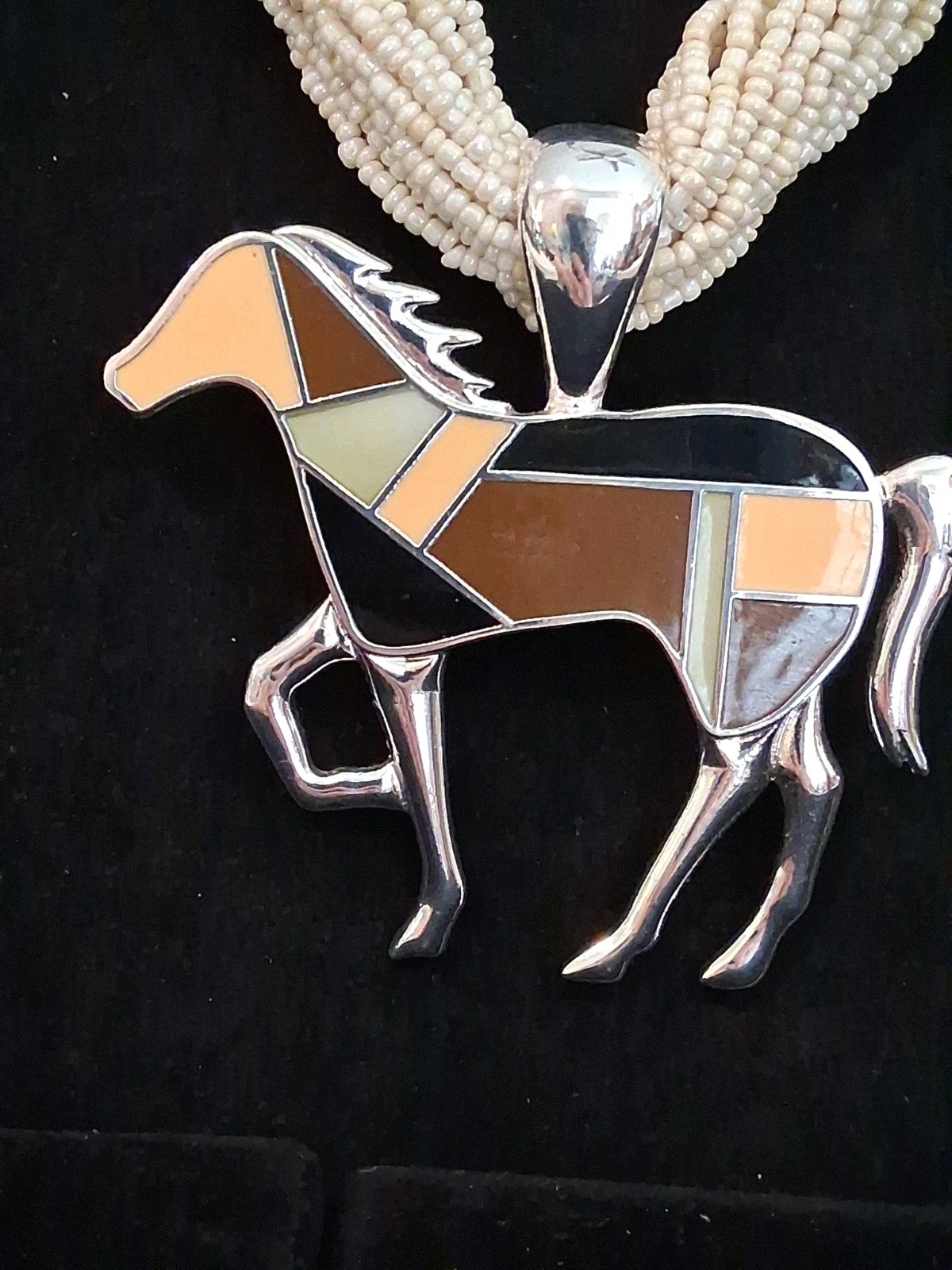Native Amer. Multicolor Inlay Enamel Horse Pendant On A Multistrand Beaded Chain