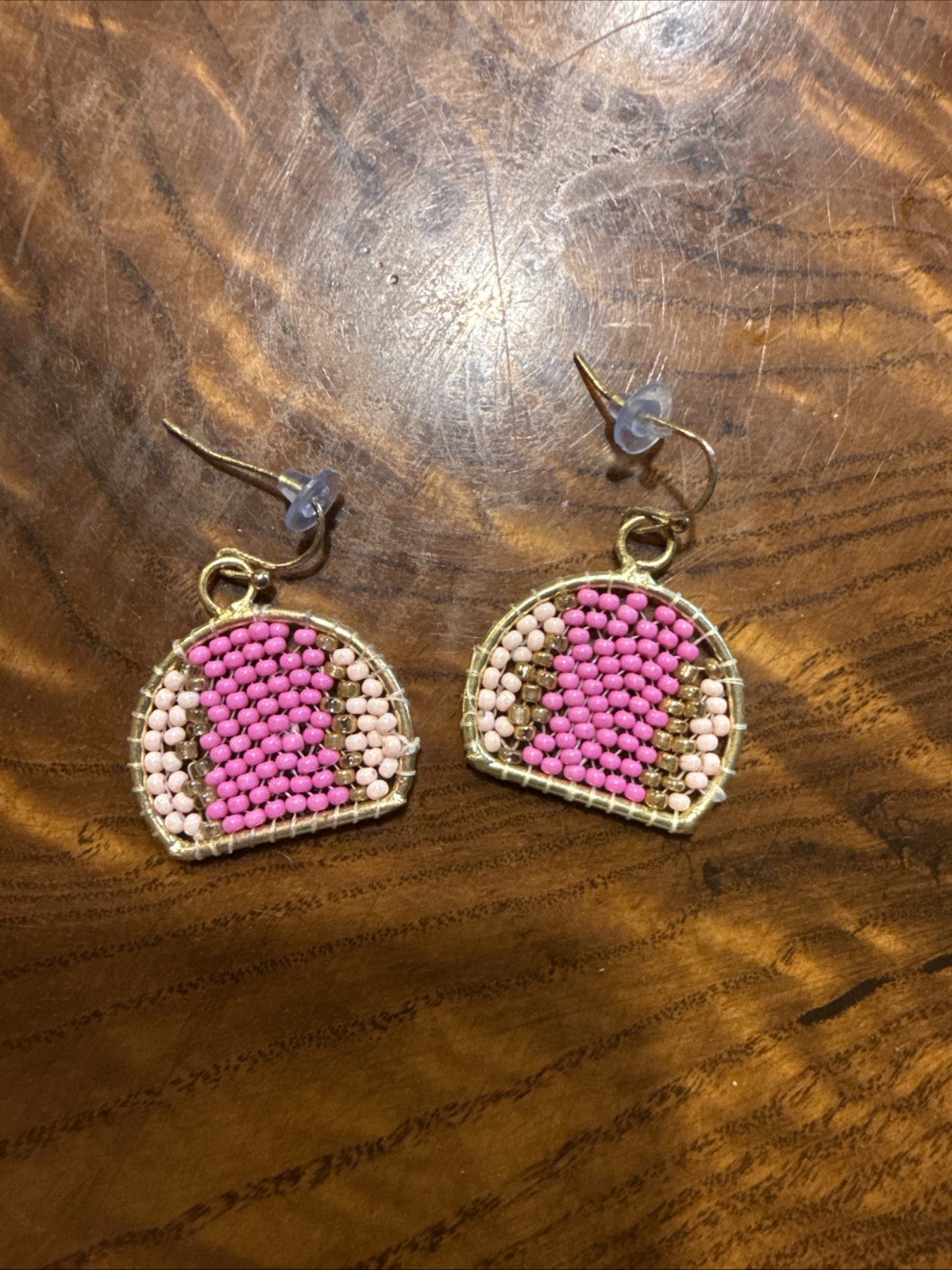Seed Bead Arch Dangle Earrings Gold Tone