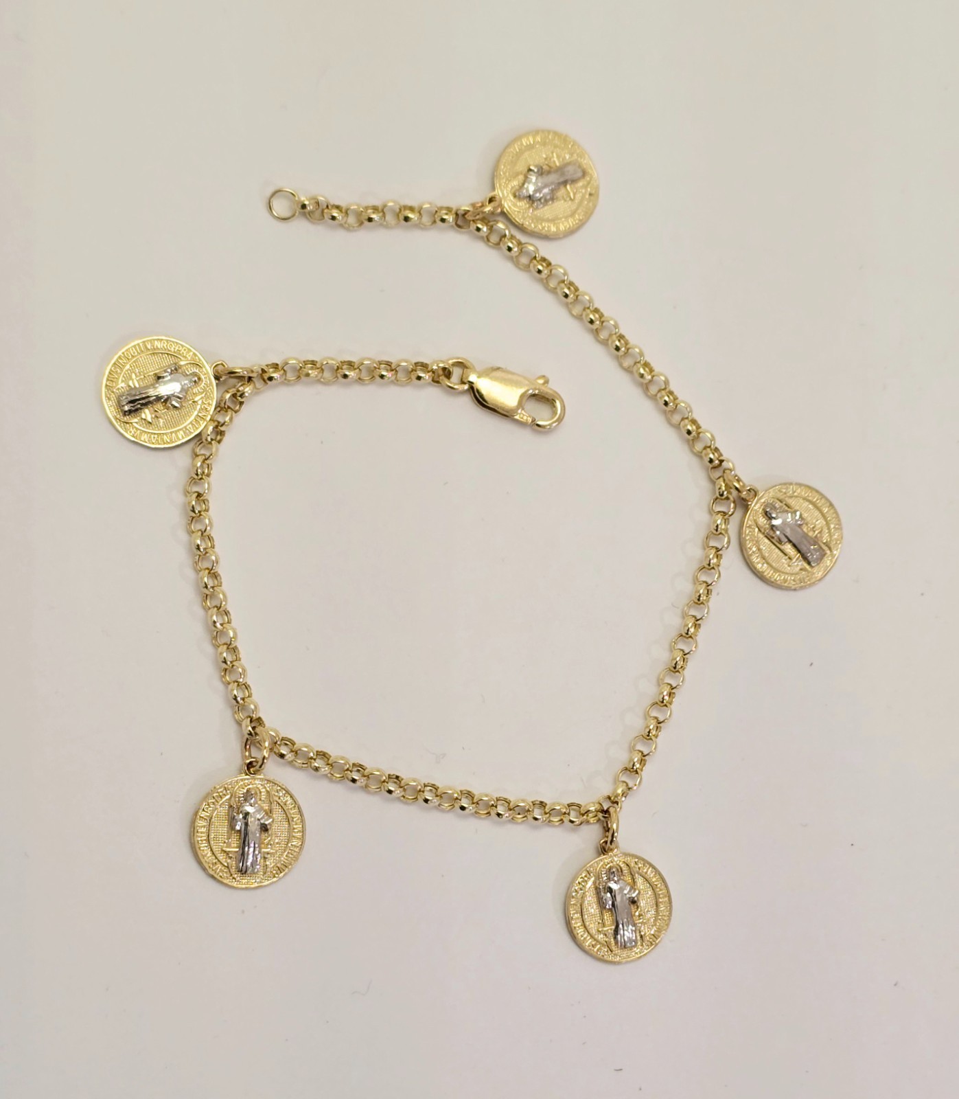 14k 2 Tone Gold San Benito Saint Benedict Rolo Chain Protection Bracelet