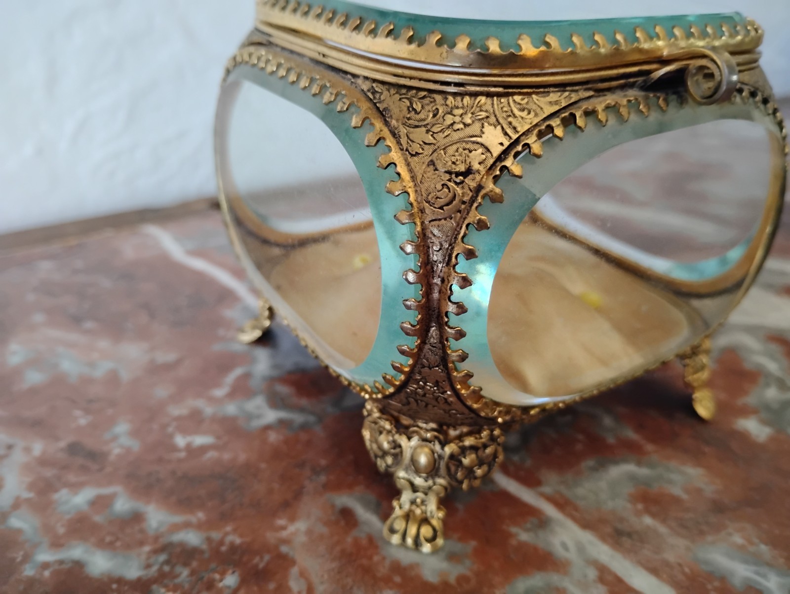 Antique French Beveled Glass and Ormolu Casket Jewelry Box Gold Floral