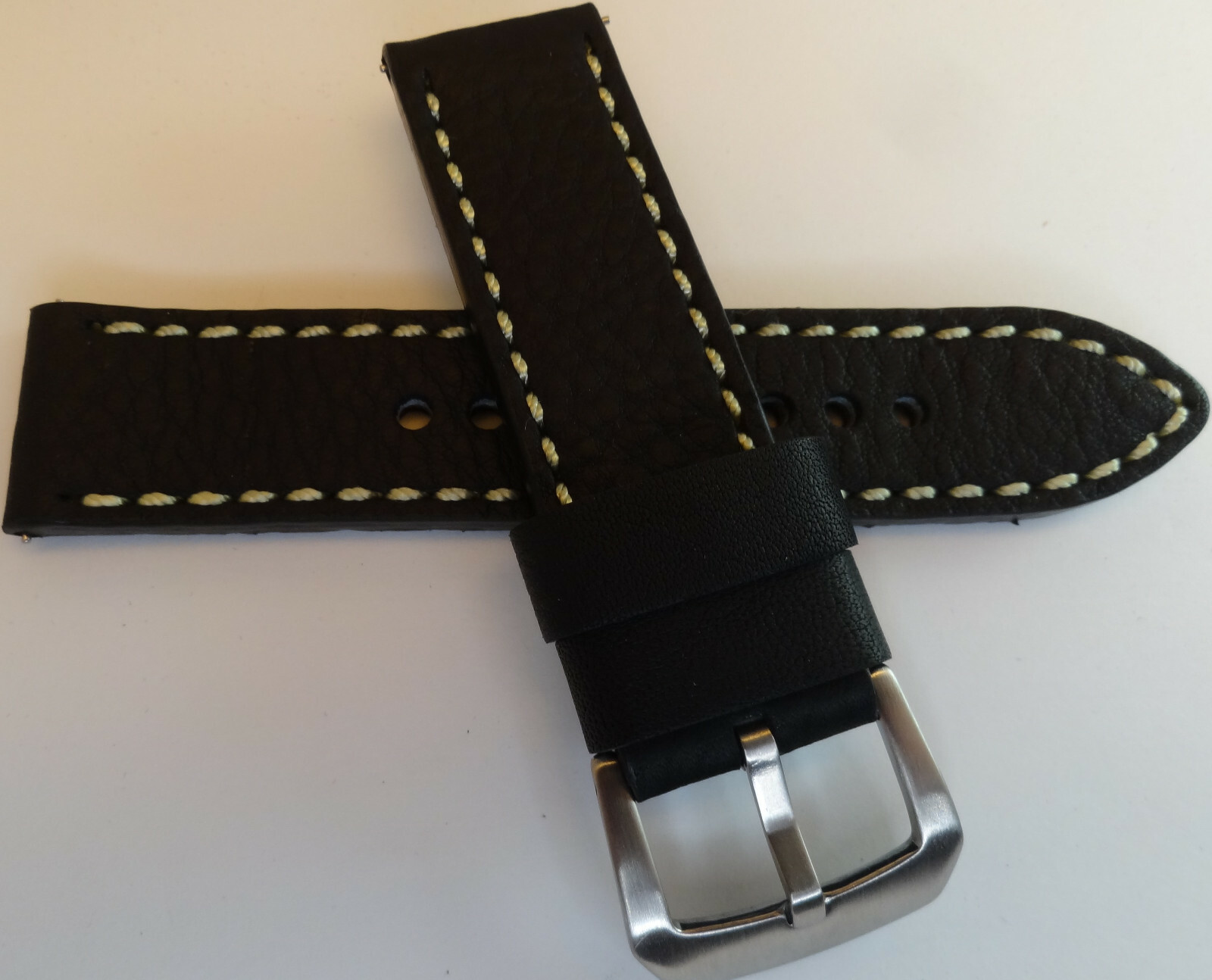 Genuine Leather Black w/High Contrast White Stitching 22mm Smartwatch Watch Band