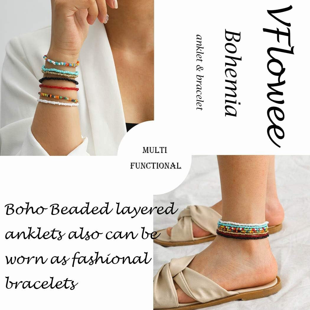 7PCS Boho Beaded Anklets Stretch Glass Seed Bead Bracelet Set