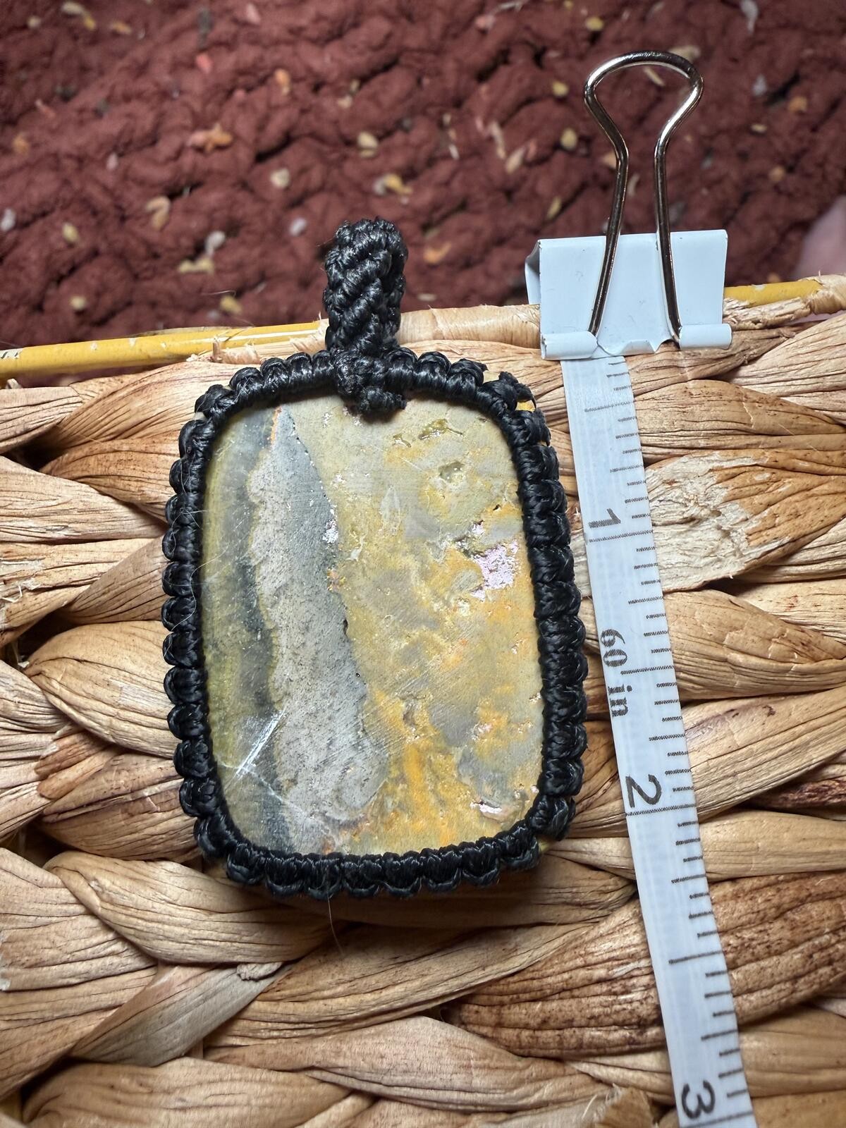 Handcrafted Yellow and Gray Bumblebee Jasper Stone Pendant Black Macrame Border