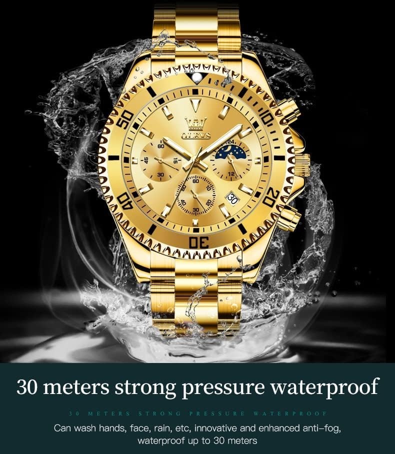 Men’s Fashion Luxury Waterproof Watch – Gold Big Face & Luminous Dial, 30m Depth