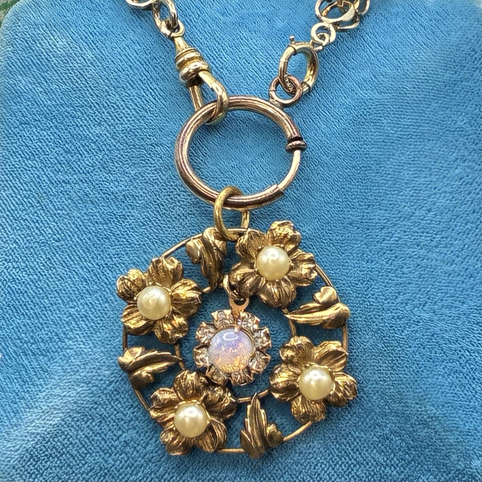 26g Vintage 12k Gold Filled Pocket Watch Chainmail Chain FOB Necklace, Faux Opal