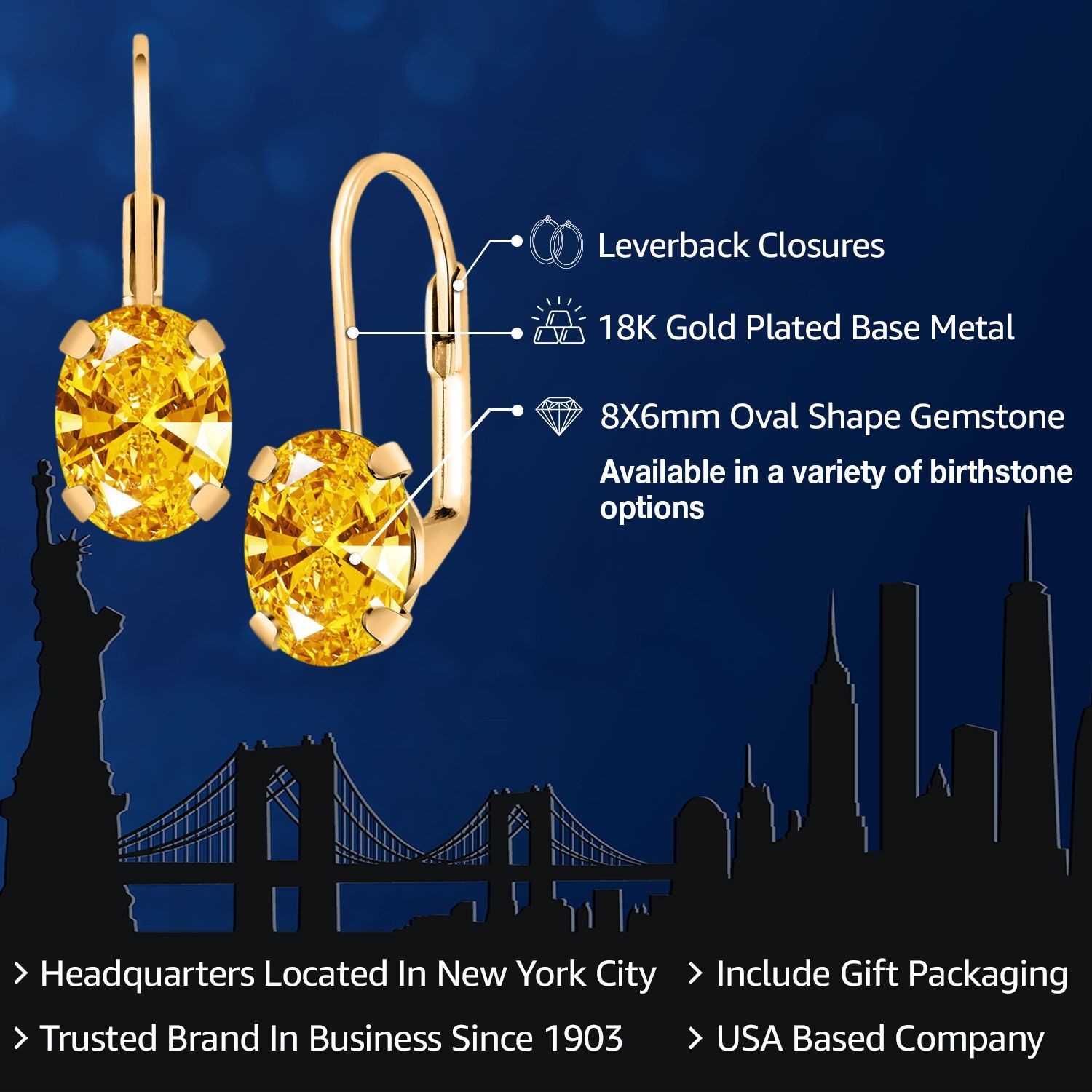 18K Yellow Gold Plated Silver Golden Yellow Zirconia Earrings for WomenWomen |