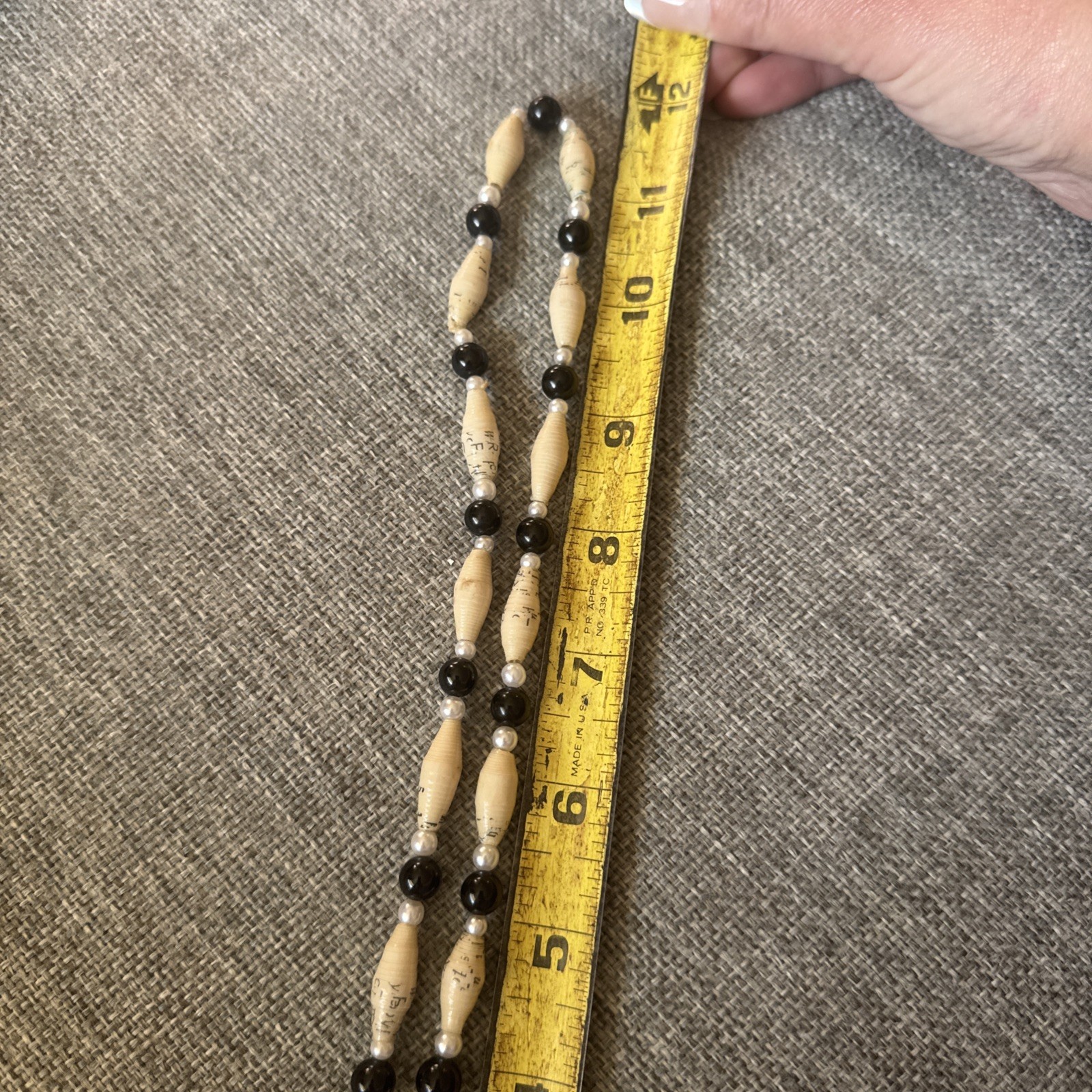 Boho Paper Bead Necklace Black Ivory Pearl Handmade