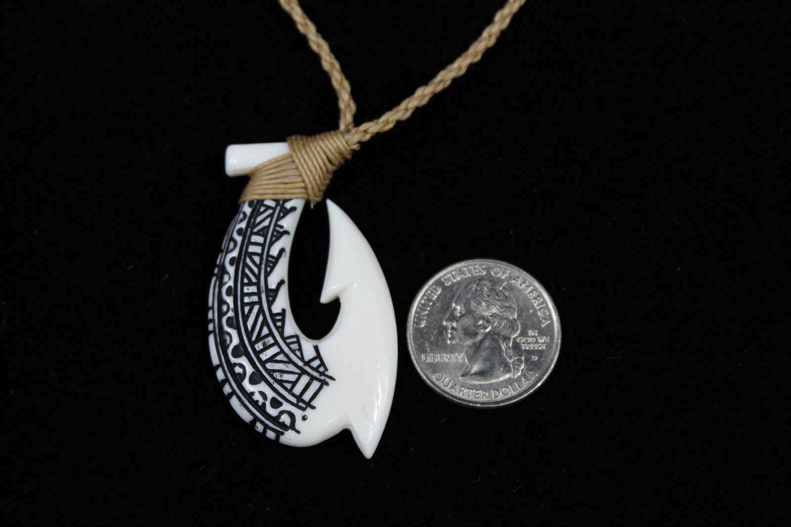 Hawaiian Fish Hook Necklace ( Buffalo Bone ) – Hand Carved, Tribal Design, Maui