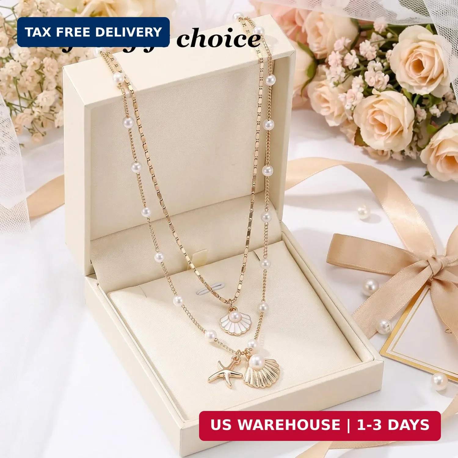 Shell Starfish Necklace for Women Gold Tone Layered Beach Jewelry Pearl Seashell