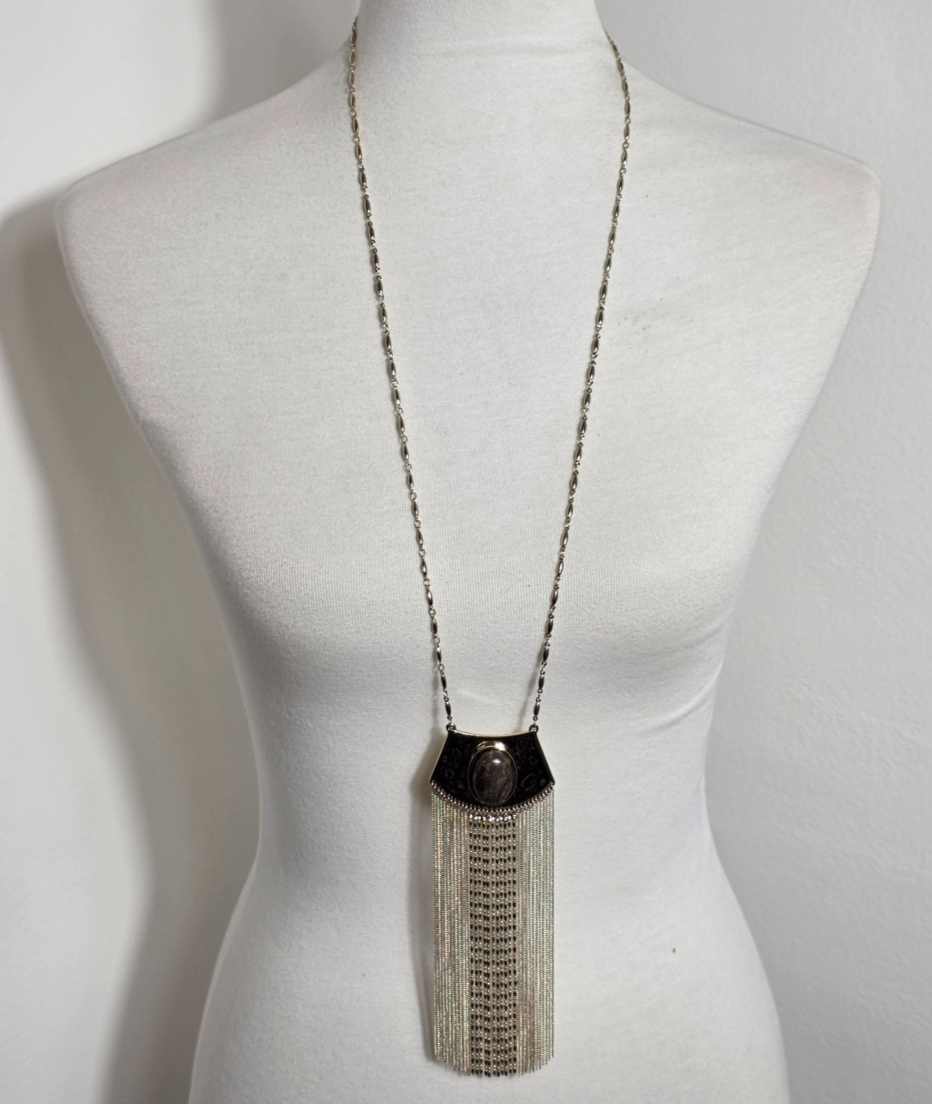 White House Black Market Necklace Shield Shaped Pendant Metal Fringe Tassel