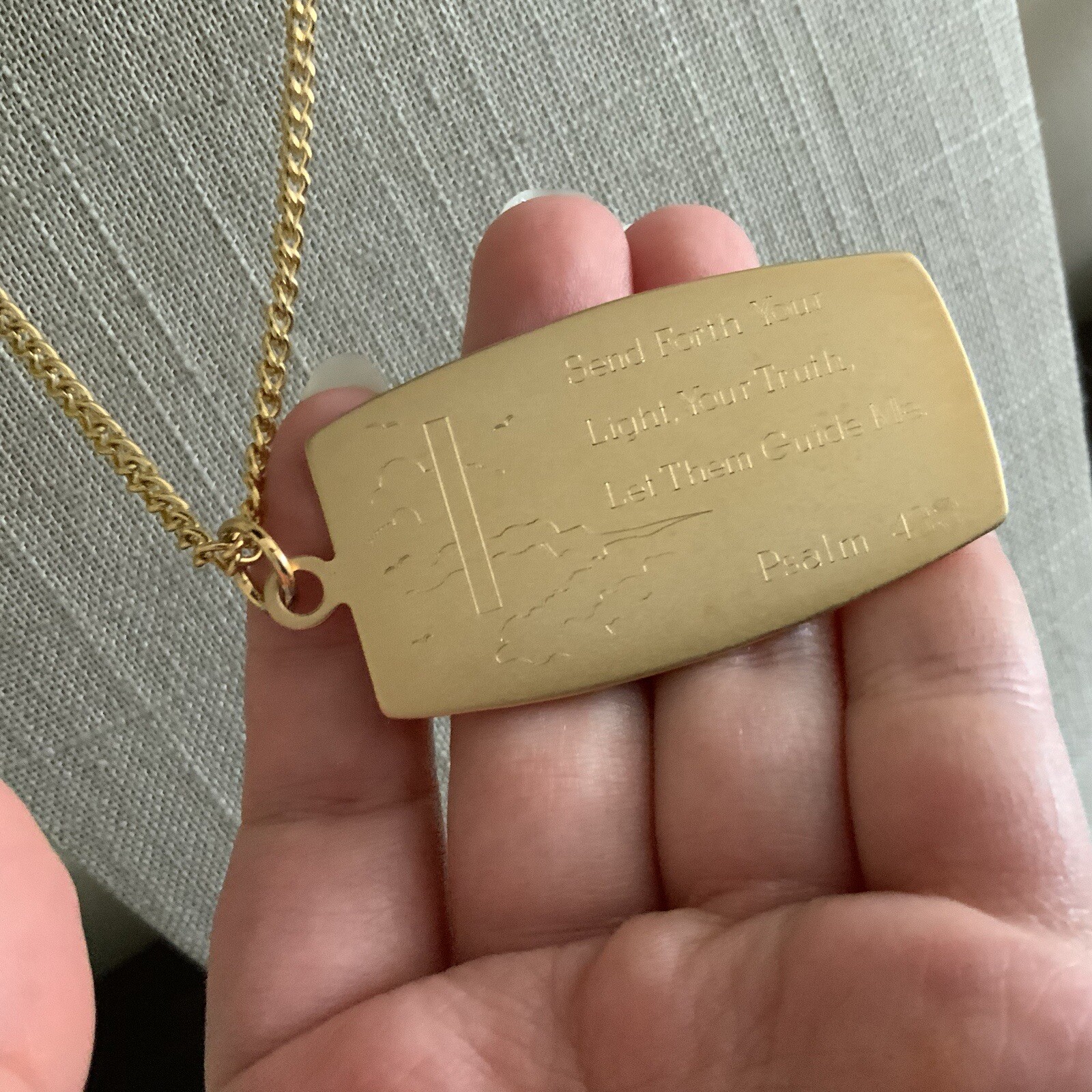 Satin gold Psalm 433 send forth your light your truth let them guid me necklace