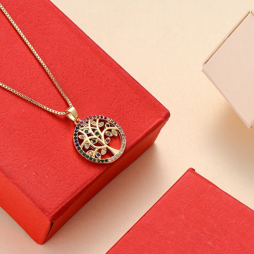 ZARD 12K Gold Plated Family Tree Pendant Muti-Color CZ Tree of Life Necklace