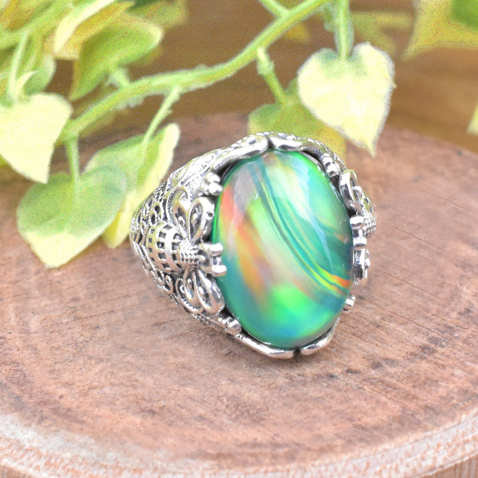 Aurora Opal Ring, Honey Bee Designer Ring, Opal Cabochon Statement Ring