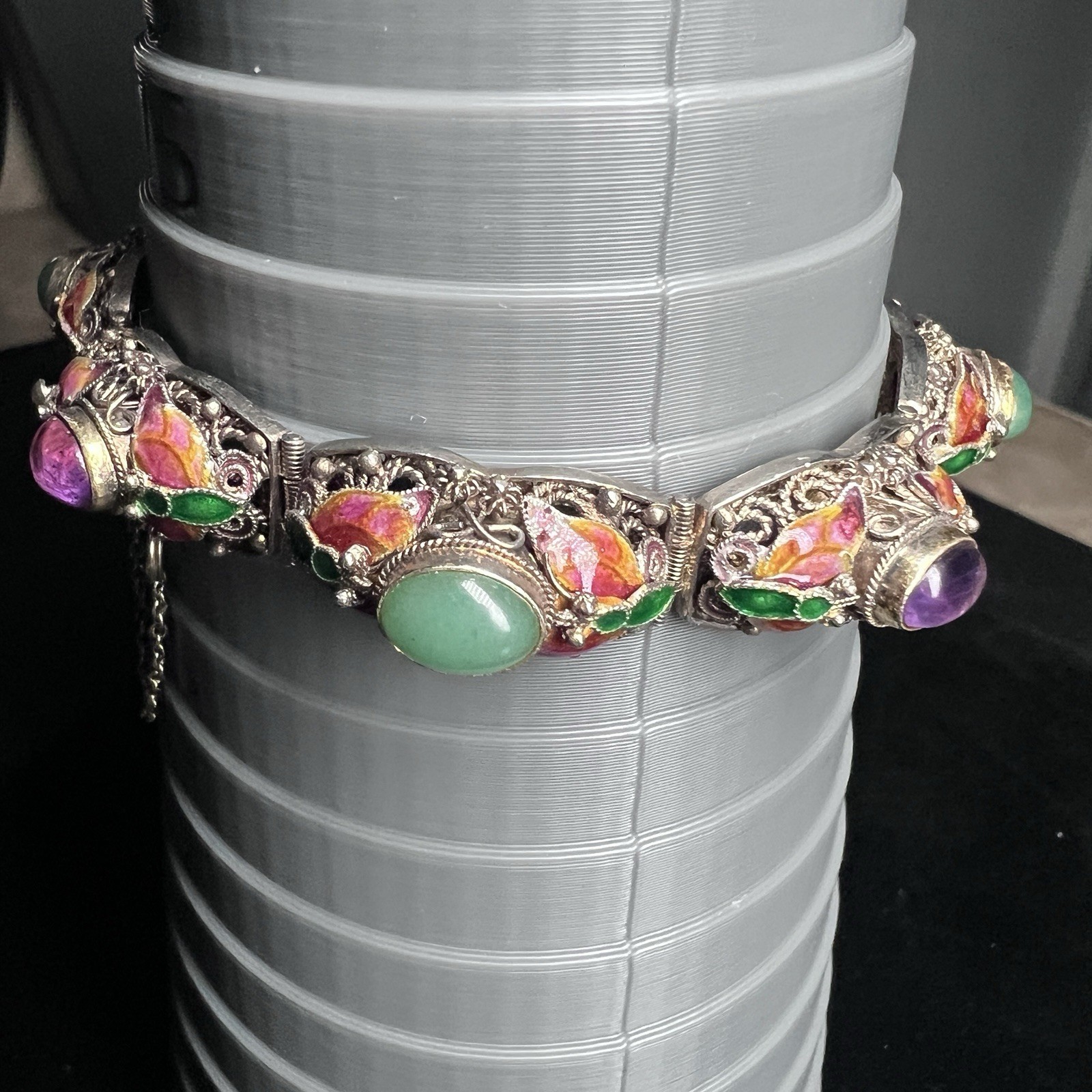 Vintage Chinese Export Silver Vermeil Filigree Enamel Bracelet 7.25″ 34g