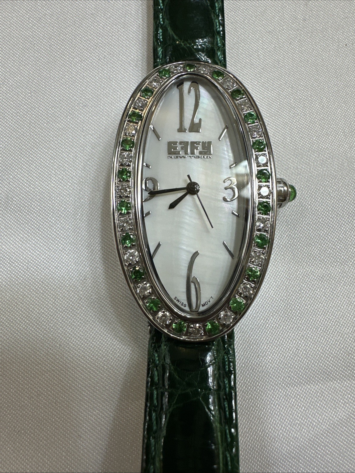Effy Diamond & Tsavorite 1.78 Ct Swiss Quartz Ladies Watch Green Crocodile Strap
