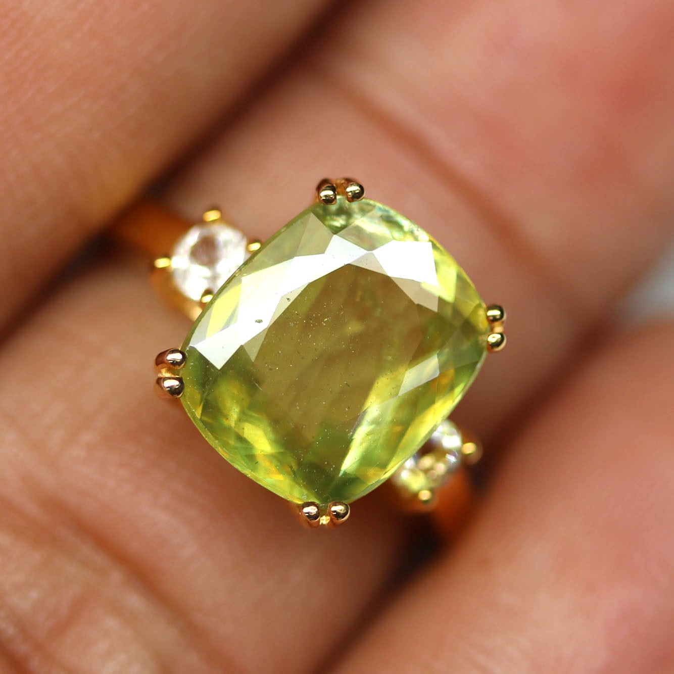 Handmade 925 Silver Green Sphene White Topaz Ring Size 6 18K Gold Plated