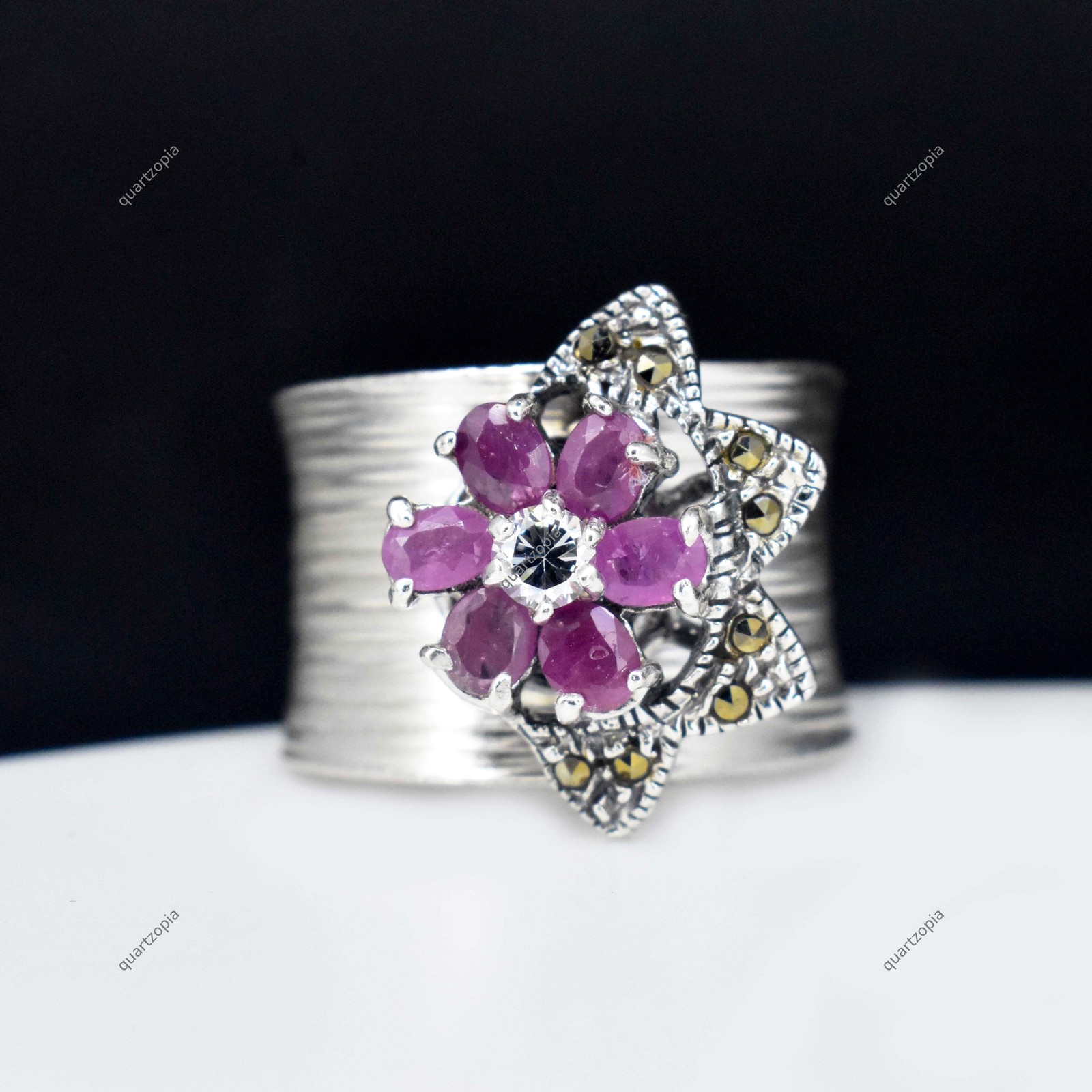 925 Sterling Silver Unheated Natural Ruby & Marcasite Adjustable Ring 7.69 GM