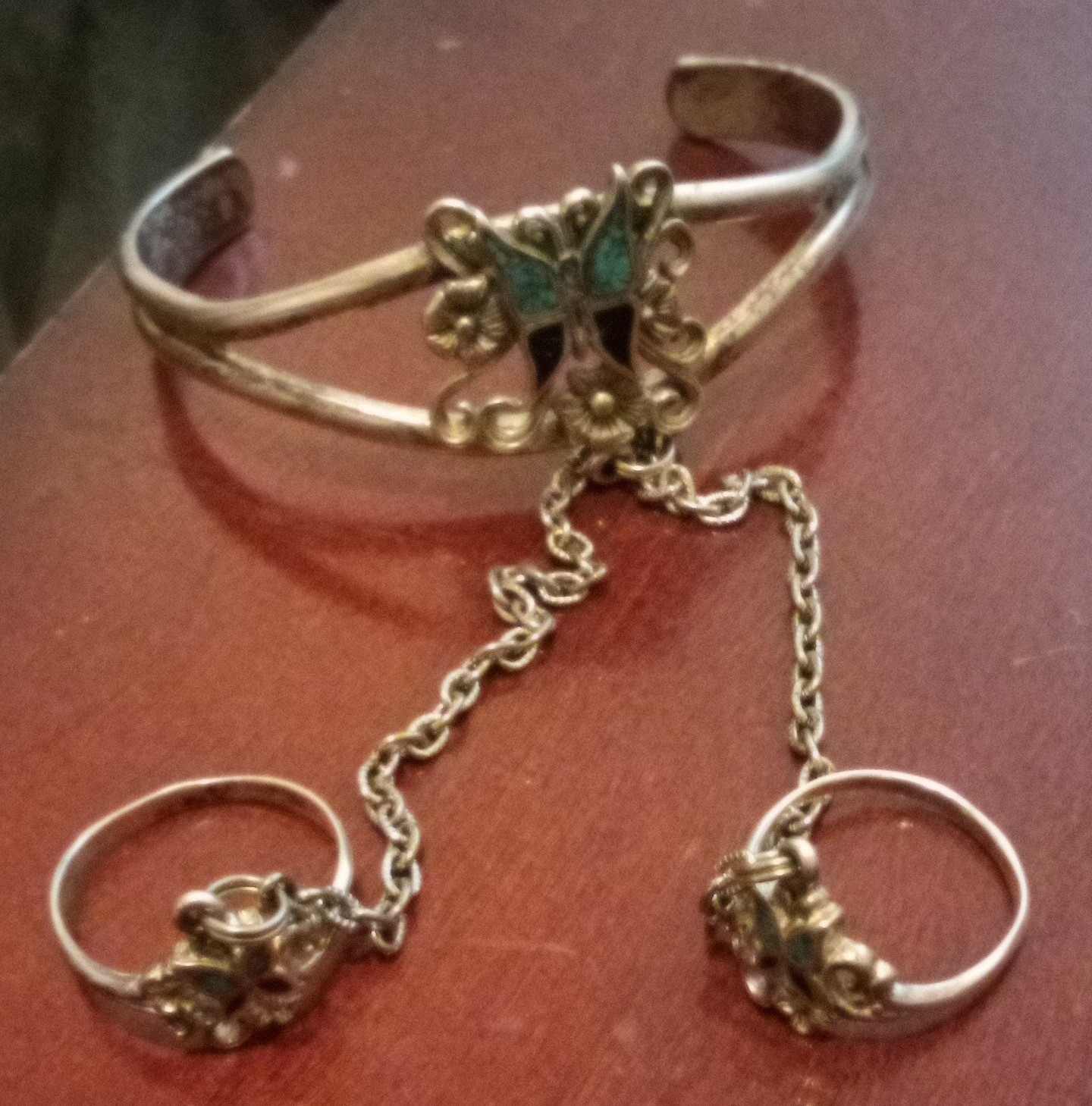 Silver-Tone Butterfly Cuff Bracelet w/ Blue Inlay Cable Chain Dangle Charms