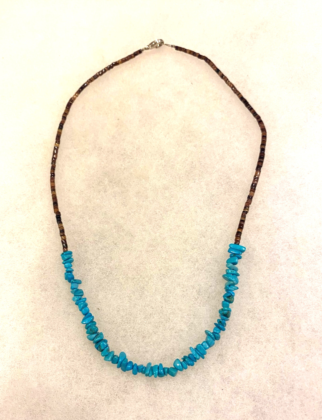Turquoise Chip and Heishi Necklace Silver Plated Clasp 18 In. Long – 9.0 grams