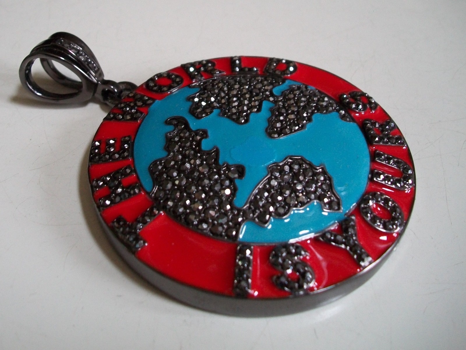 Men Bling Black Hematite Finish THE WORLD IS YOURS Globe Fashion Dressy Pendant