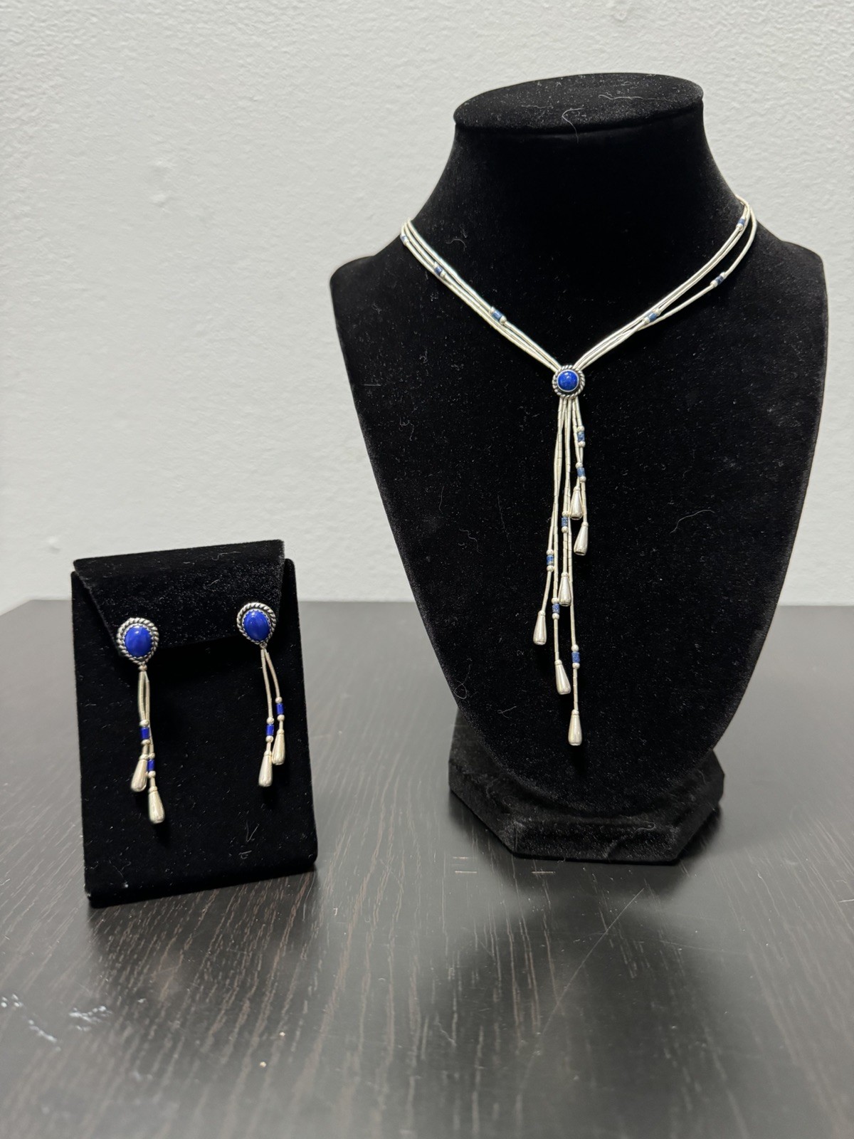 Vintage Liquid Silver Lapis Tassel Necklace Earrings set Stamped 925 Sterling