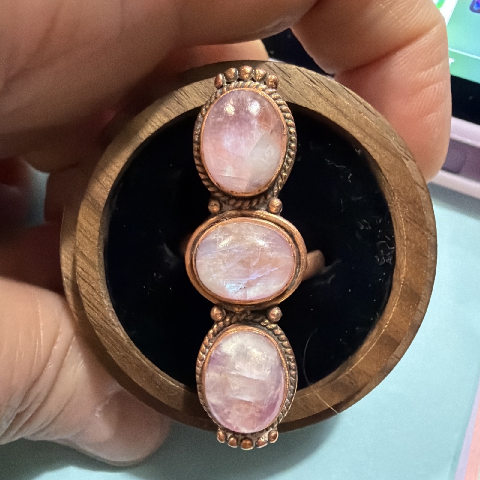 Pink Moonstone Copper Adjustable Ring Sz 7-9