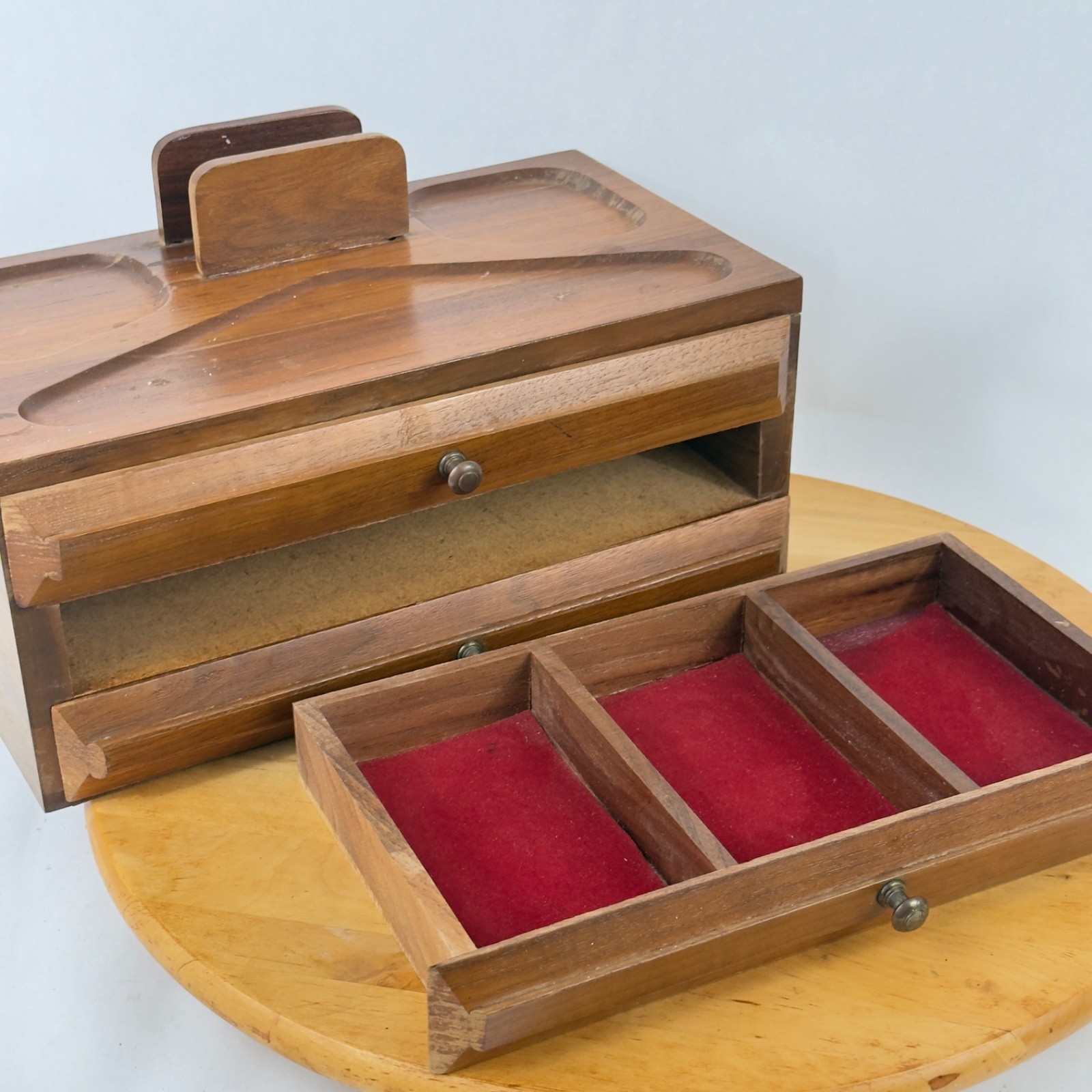 Mid Century Walnut Wood Desk Organizer Jewelry Desk Valet Box w Drawers Catchall