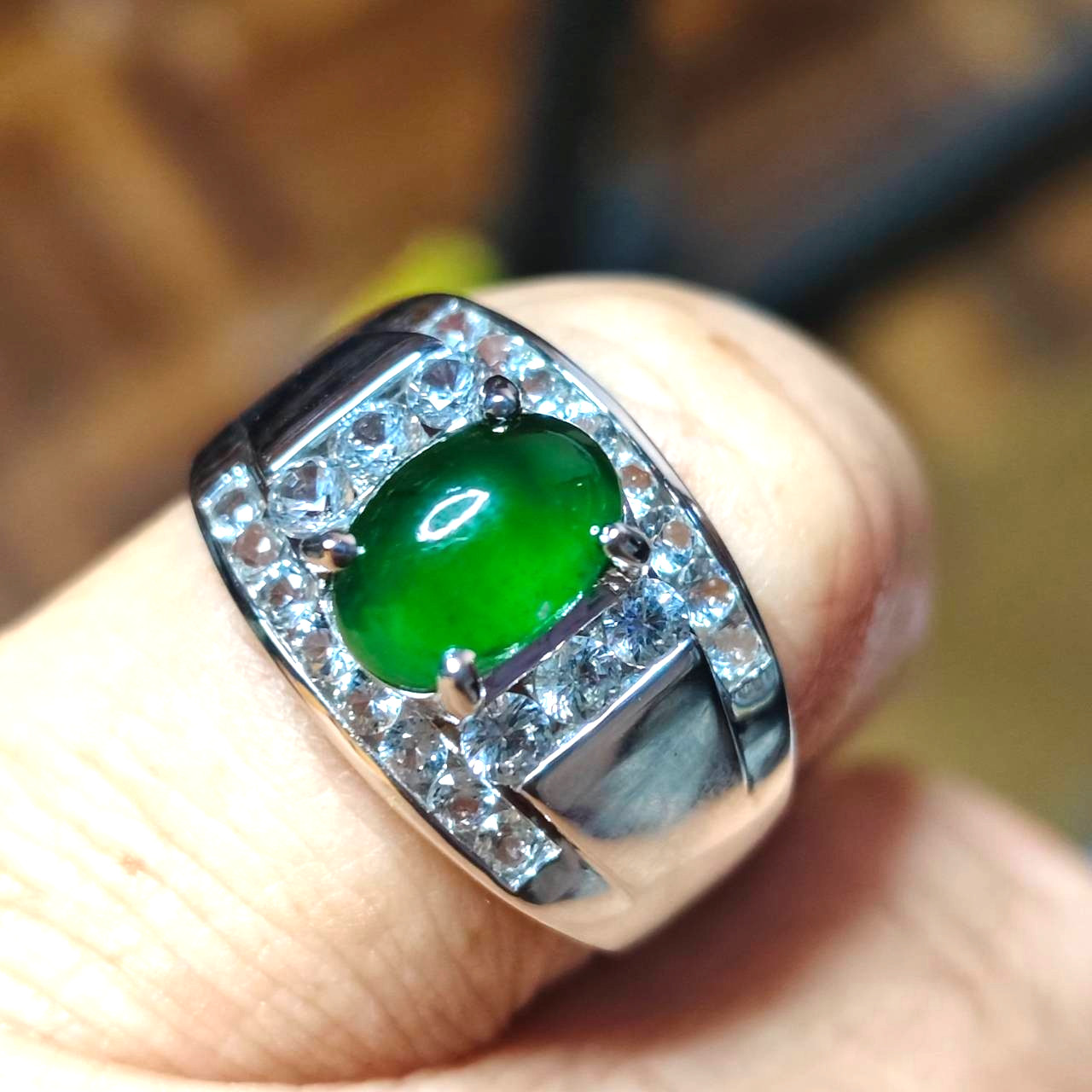 6.4×5.4 mm TypeA Natural Burma imperial green jade white Topaz 925 Silver Ring