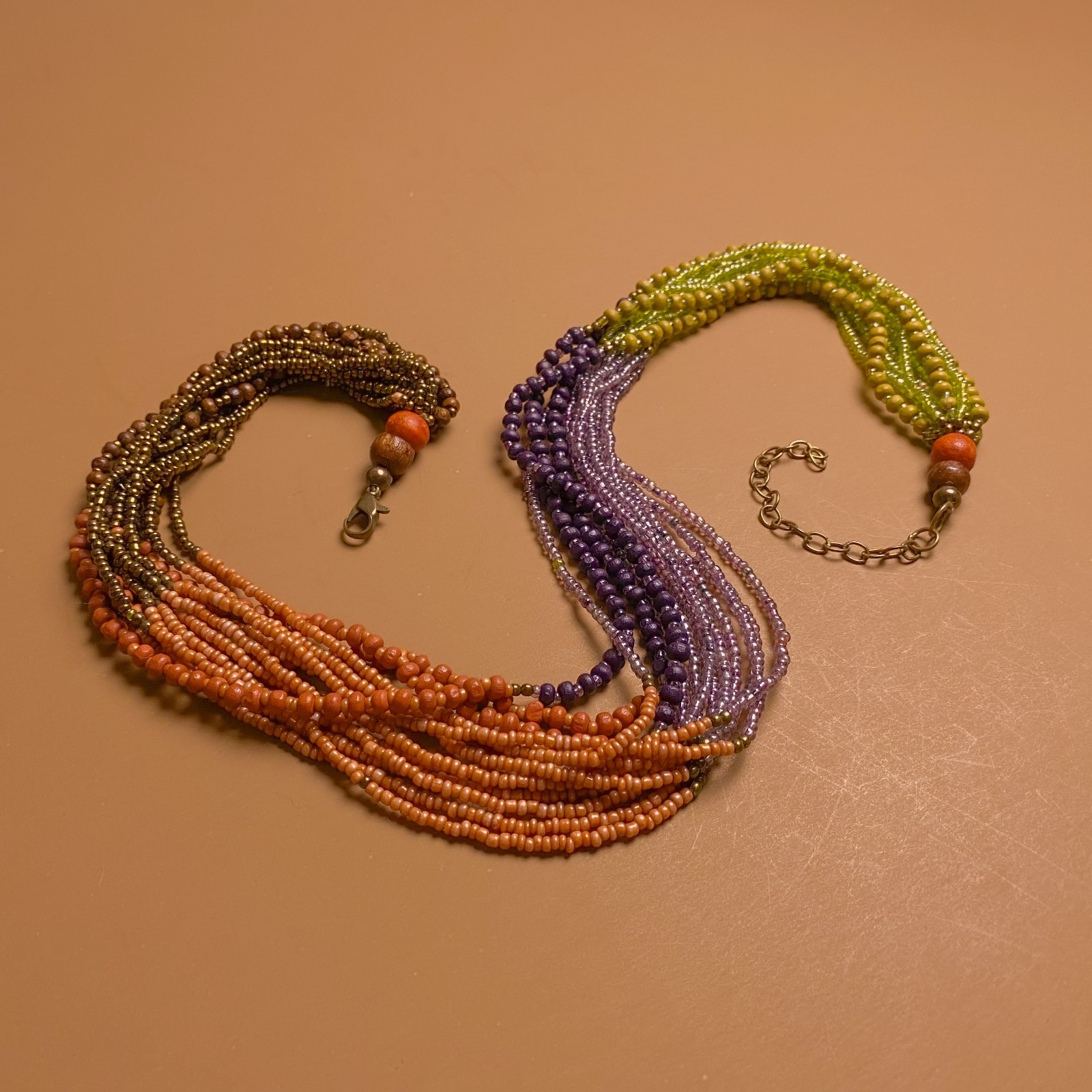 Tribal Boho Earth Tone Multi Strand Glass Wood Seed Beaded Torsade Necklace