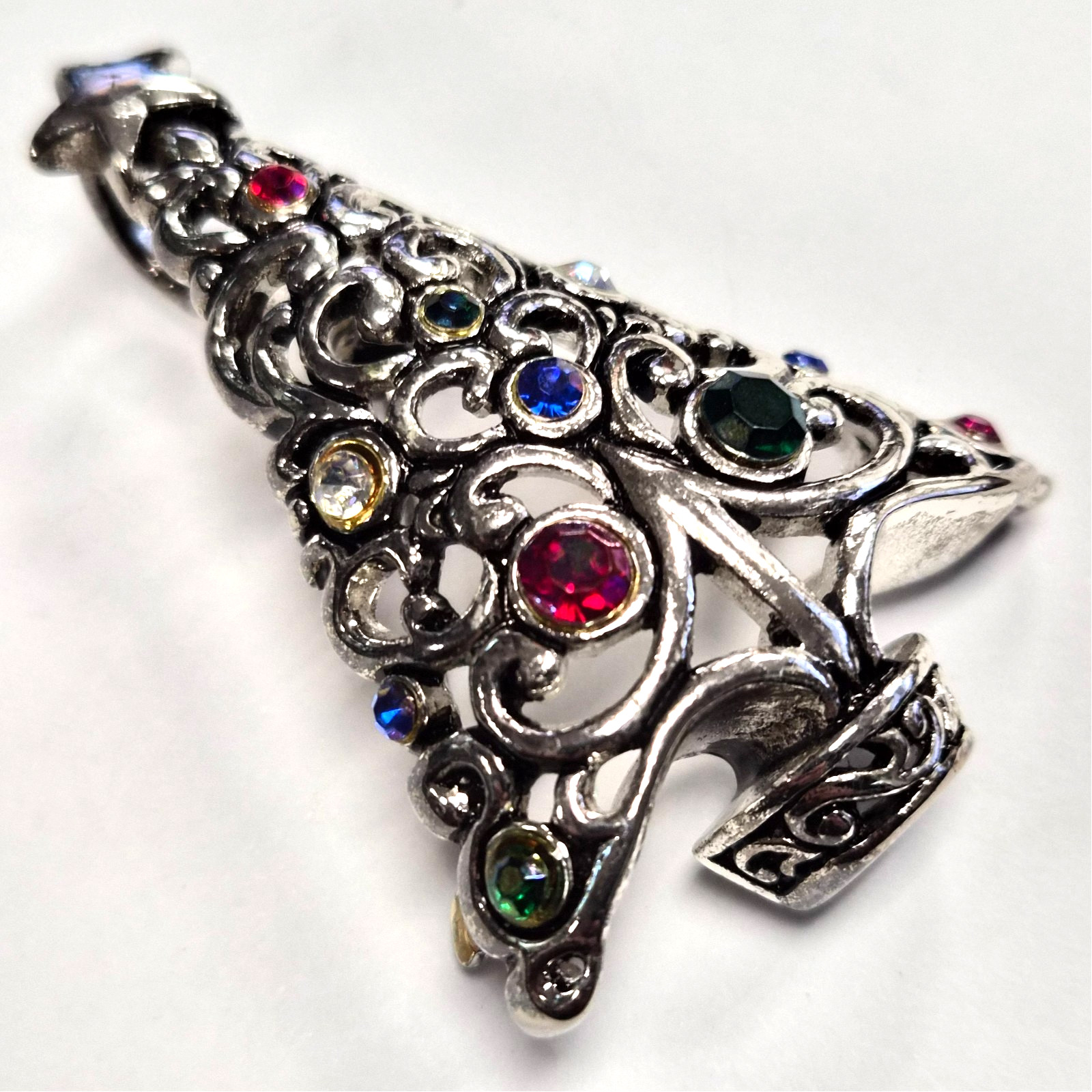Estate Silver Tone & Rhinestone Christmas Tree Open Scroll Pendant Pin / Brooch