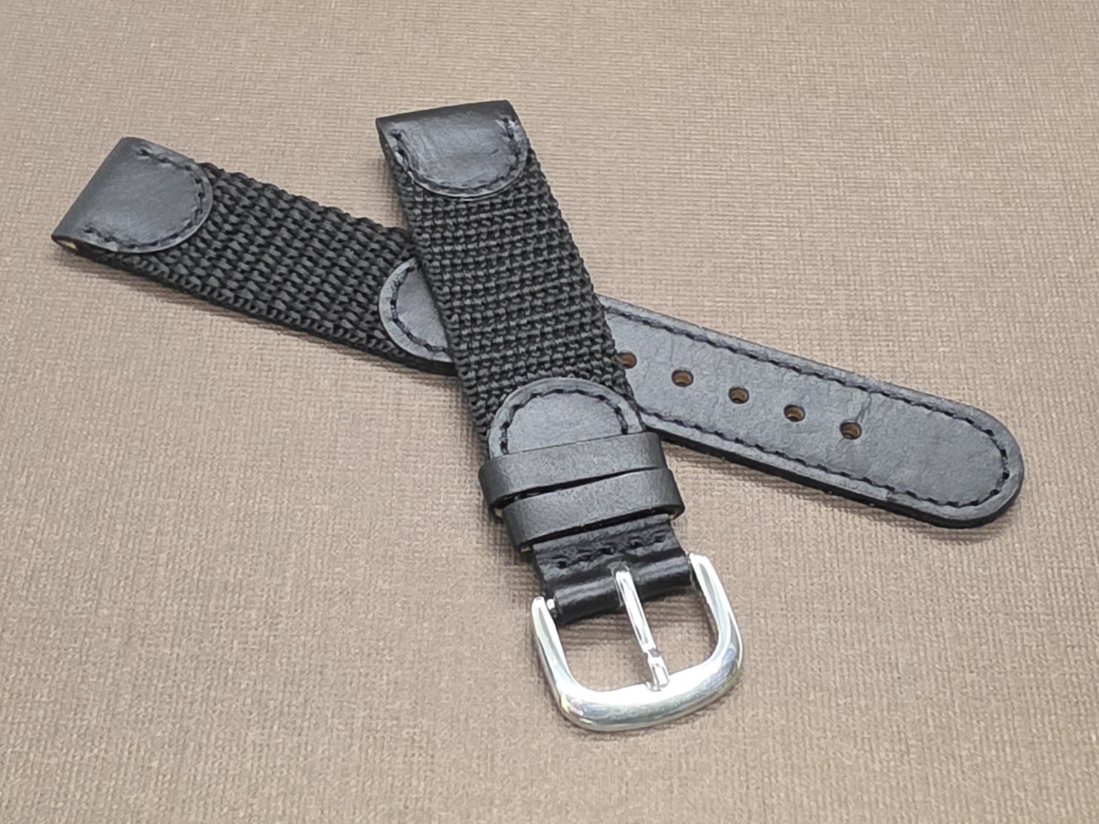 Vintage NOS Swiss Army Style 18mm Black Stitched Leather & Nylon Watch Band