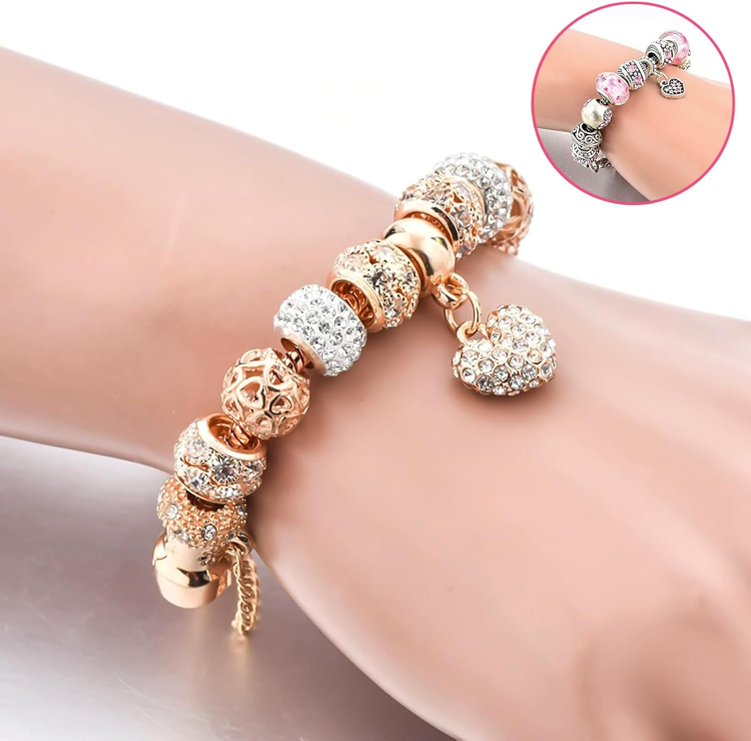 2 Pack Charm Bracelets Pink and Gold Heart Silver 7.5 Inches, Gold/Pink