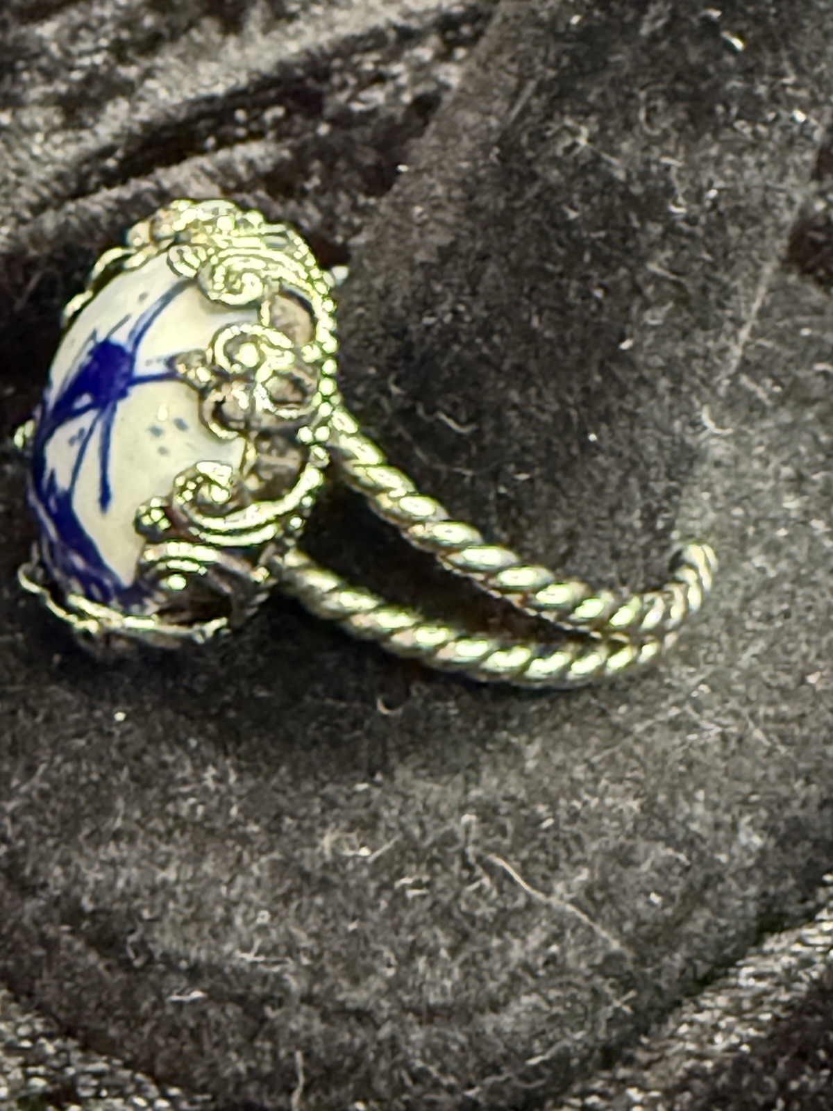 Silver Toned Adjustable Ring Blue Delft Style Windmill