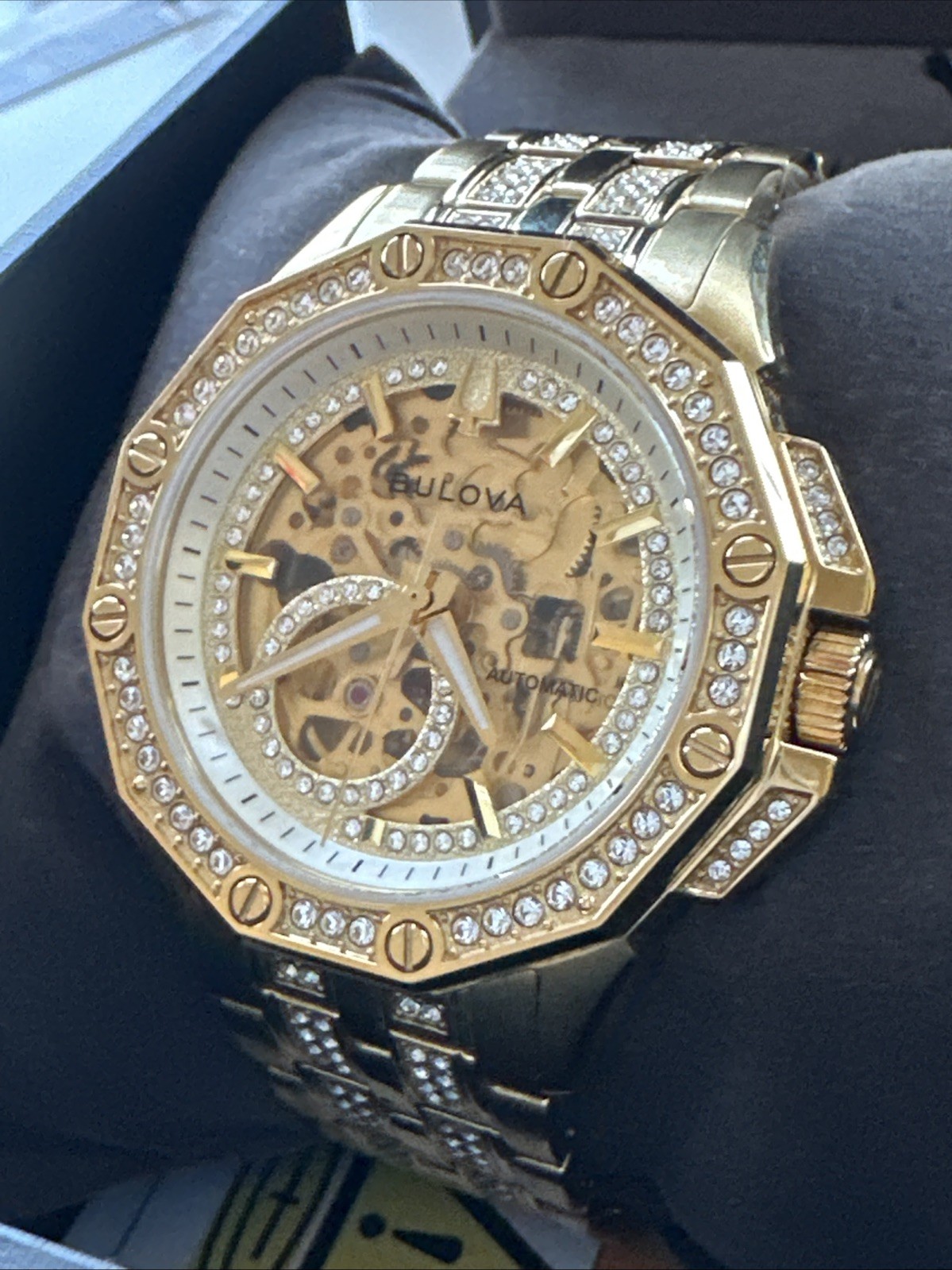 Bulova Men’s Crystal Automatic Skeleton Gold Stainless Steel Watch 42 MM 98A292
