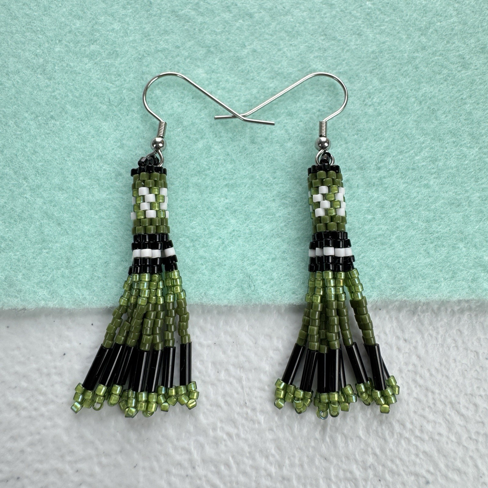Green Black White Beaded Tassel Earrings Handmade 2.5” Long