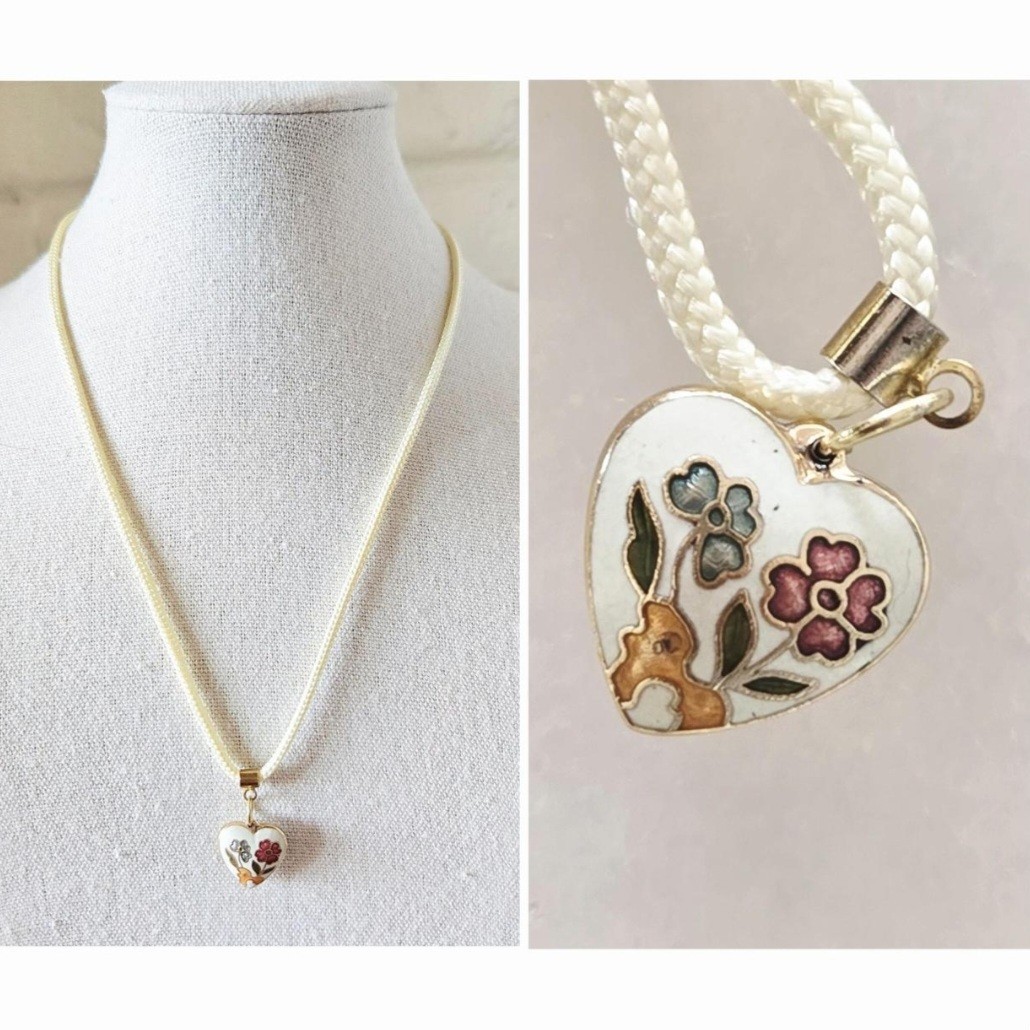 Vtg Cloisonné Painted Enamel Floral Heart Necklace, Cord, 17″, Cottage