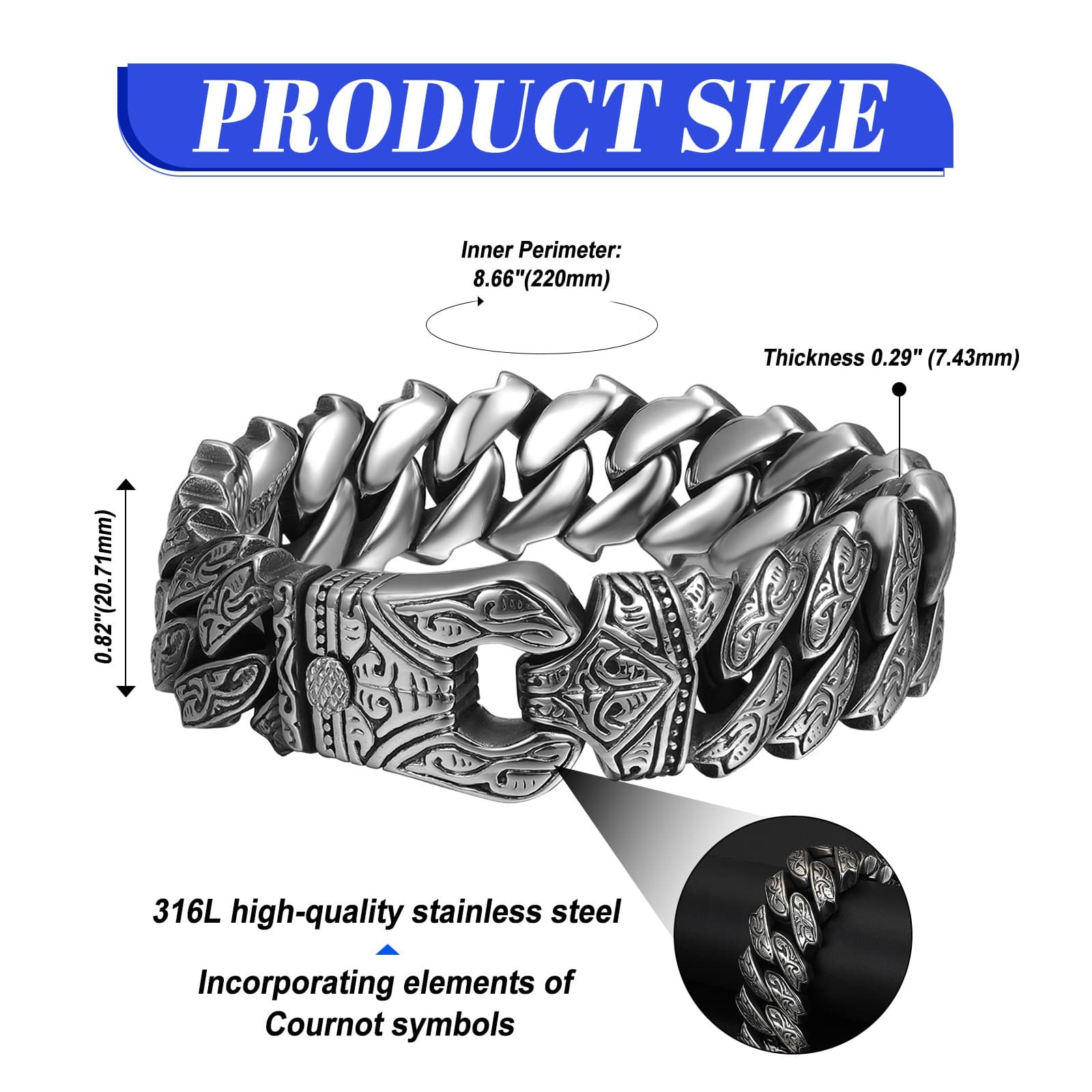 Men Viking Norse Symbols Tribal Medieval Warrior Heavy Stainless Steel Bracelet