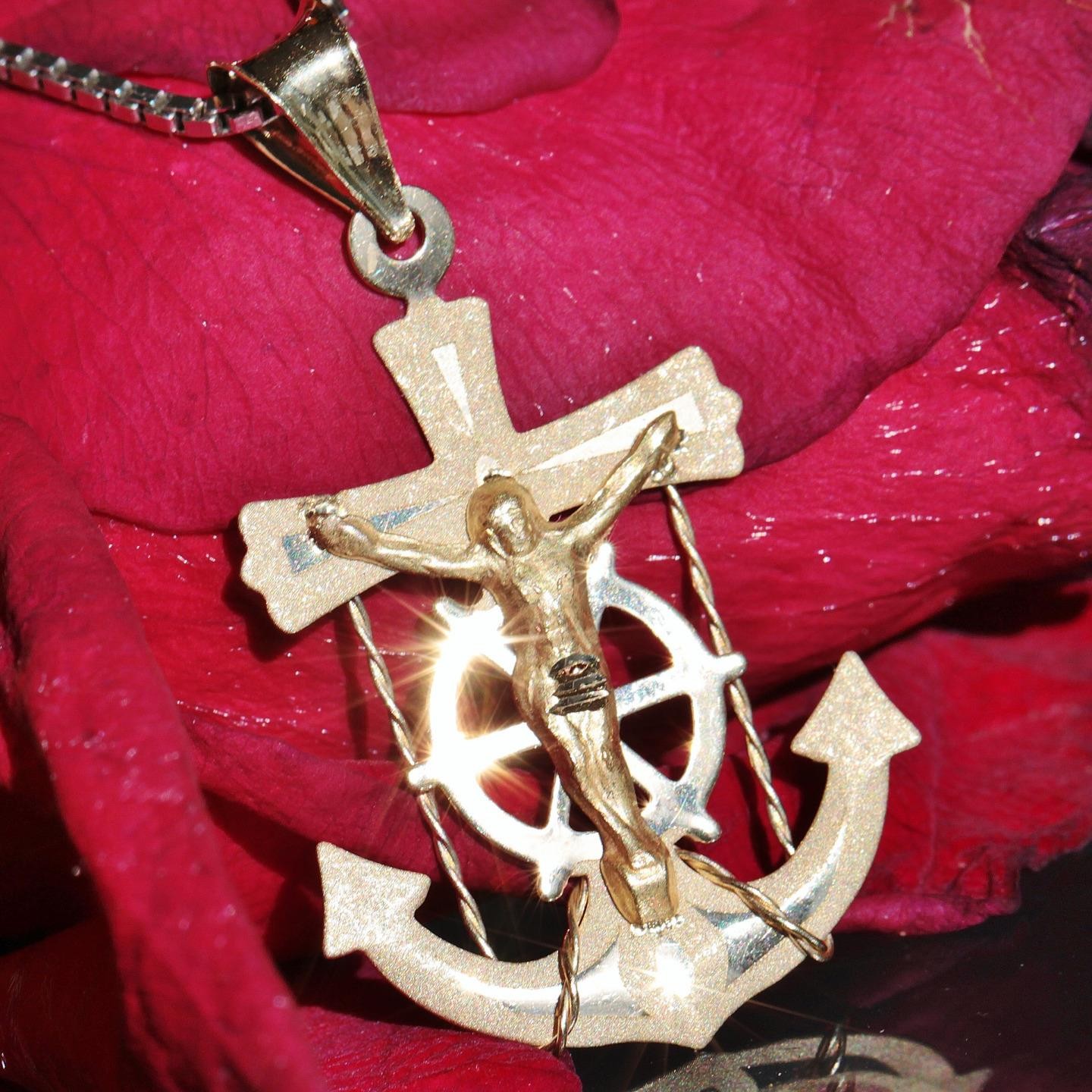14k yellow gold pendant Jesus anchor 1.30″ diamond cut charm vintage 1.1gr