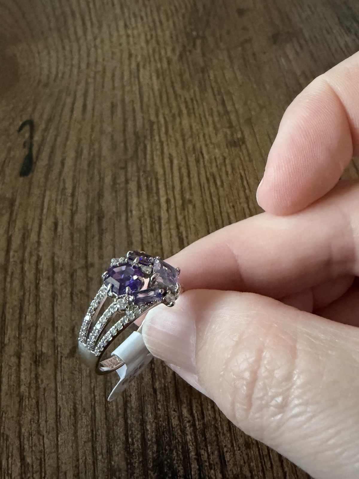 Rhodium Plated Amethyst & Clear CZ Cluster Cocktail Ring Sz. 9